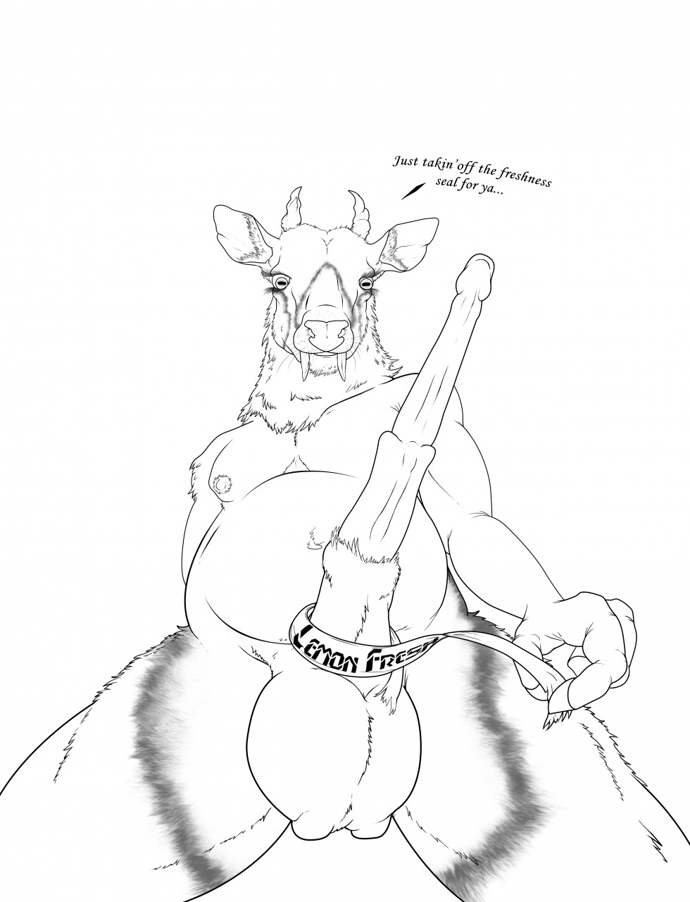 anatomically_correct anatomically_correct_balls anatomically_correct_genitalia anatomically_correct_penis animal_genitalia animal_penis anthro antlers balls big_balls big_penis cervid cervine cervine_antlers cervine_cock cervine_genitalia cervine_penis fangs genitals hair hi_res hoof_nails horizontal_pupils horn humor joke kuruk_(character) male mammal mane mane_hair nipples penis pupils sheath slightly_chubby smexyoryx solo teeth text