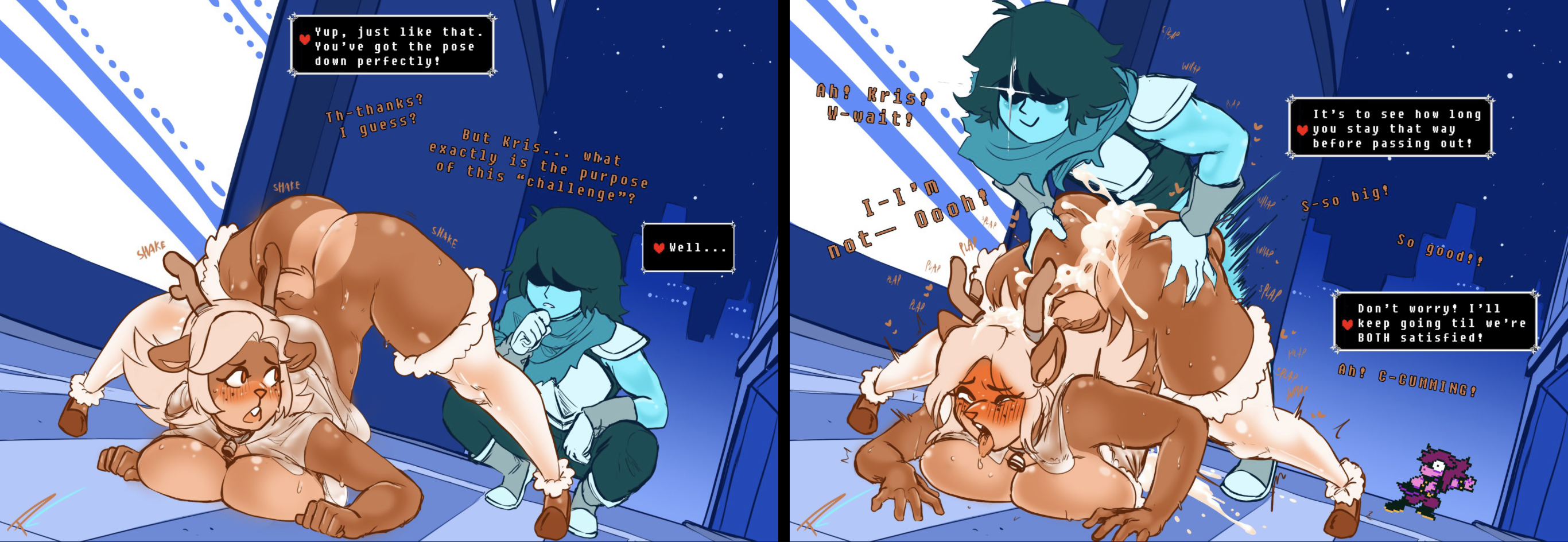 1boy, 2girls, ahe gao, ambiguous penetration, anthro, ass, bell collar, blonde hair, blush, breast squish, breasts, caught, caught in the act, city, collar, cum, cum in hair, cum on ass, deer, deltarune, deltarune chapter 2, dialogue, fakeryway, female, furry, hooves, jack-o pose, kris (deltarune), male, noelle holiday, penetration, pleasure castle, public, stockings, susie (deltarune), tongue, tongue out, undertale (series)