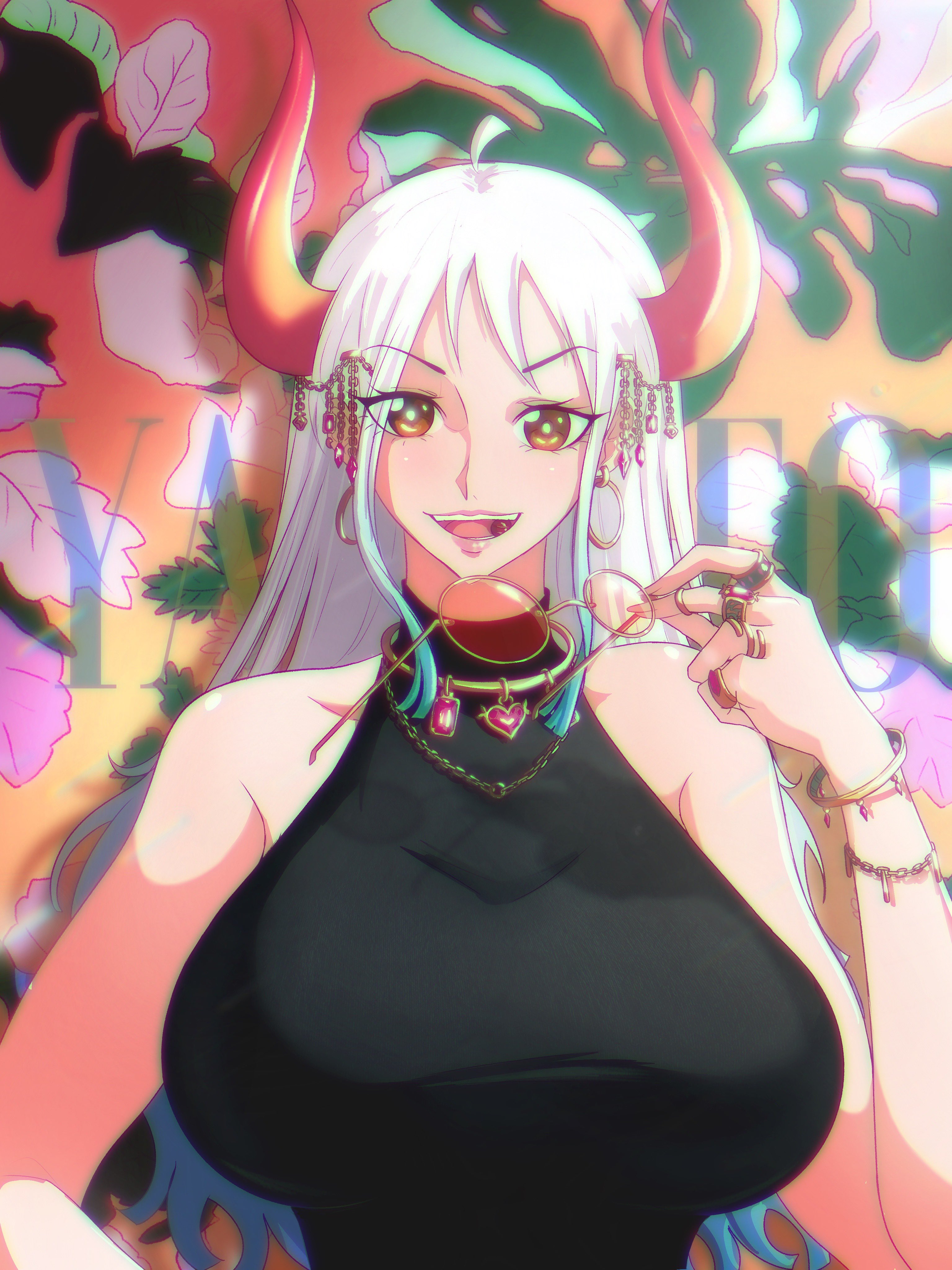 1girls, absurdres, ahoge, bare shoulders, big breasts, bracelet, breasts, curled horns, ear piercing, earrings, female, female only, hair ornament, hair stick, highres, horns, huge breasts, jewelry, looking at viewer, necklace, one piece, oni, opalisart, open mouth, orange horns, piercing, ring, shirt, sleeveless, sleeveless shirt, two-tone hair, weapon, white hair, white-haired female, yamato (one piece)