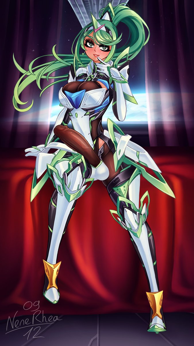 1futa, armor, balls, big breasts, big penis, breasts, clothed, clothing, cock sleeve (clothes), erection, erection under clothes, fully clothed, futa only, futanari, green hair, human, intersex, light skin, light-skinned futa, long hair, nenerhea, penis, pneuma (xenoblade), solo, standing, xenoblade (series), xenoblade chronicles 2