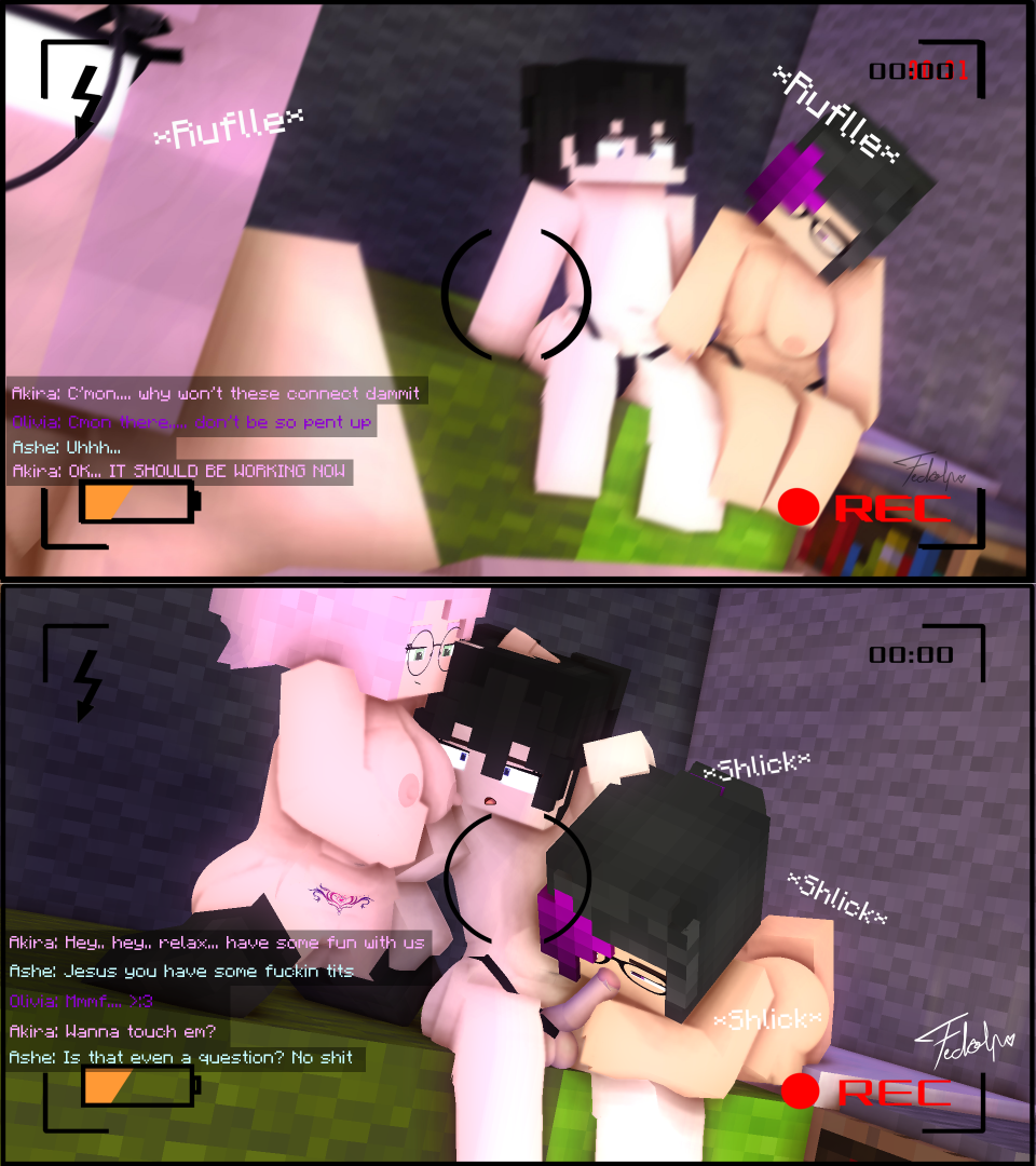 1boy 2girls 3d 3d_(artwork) akira_sato_(fedolphine) ashe_hendriksson_(fedolphin) camera_phone camera_pov camera_view erect_nipples erect_penis fedolphin mine-imator minecraft olivia_(olivialewdz) sex_tape text