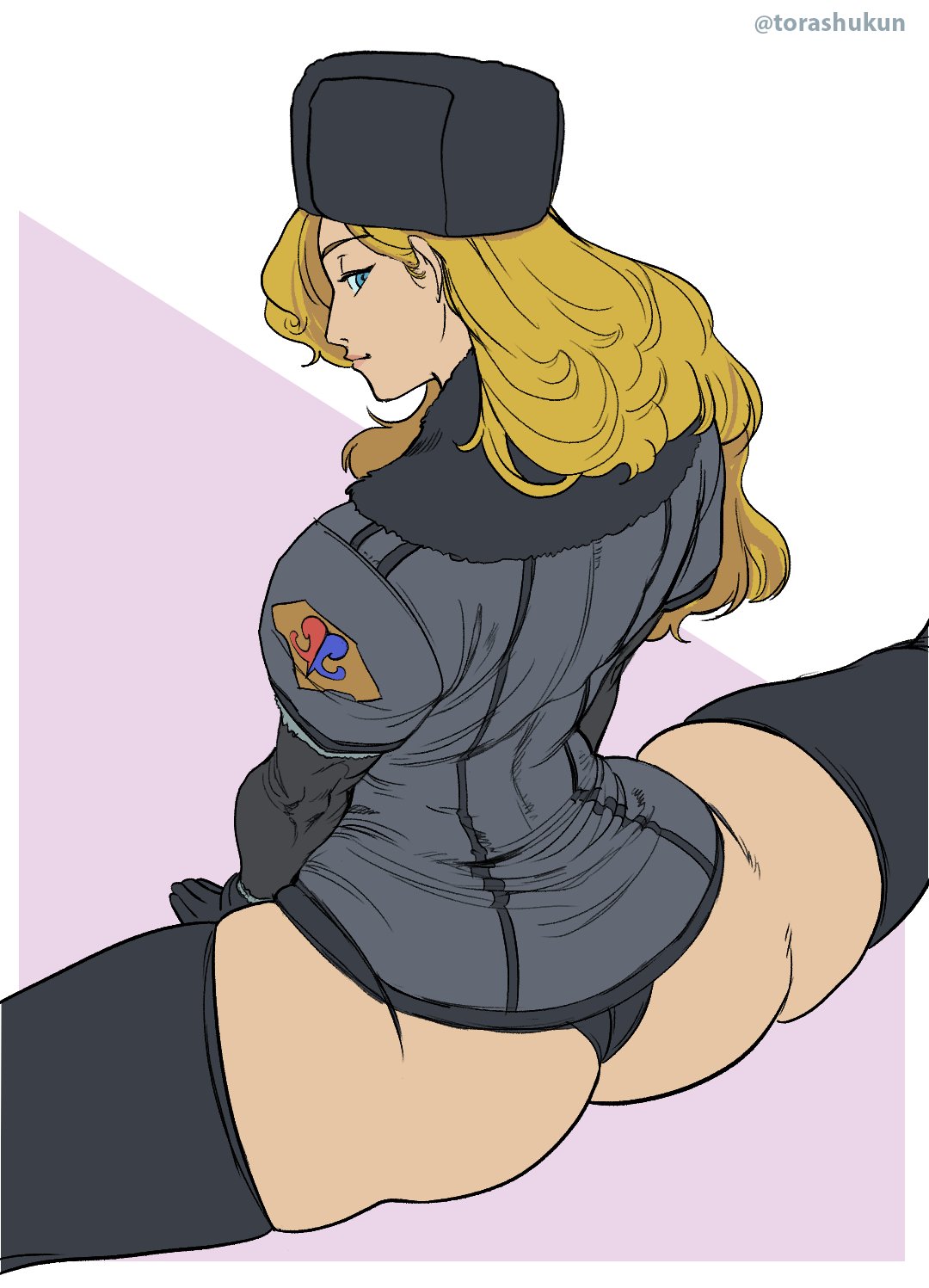 1girls blonde_hair blue_eyes capcom female female_only kolin large_ass long_hair seductive_look solo splits street_fighter street_fighter_v thick_thighs torashu-kun ushanka