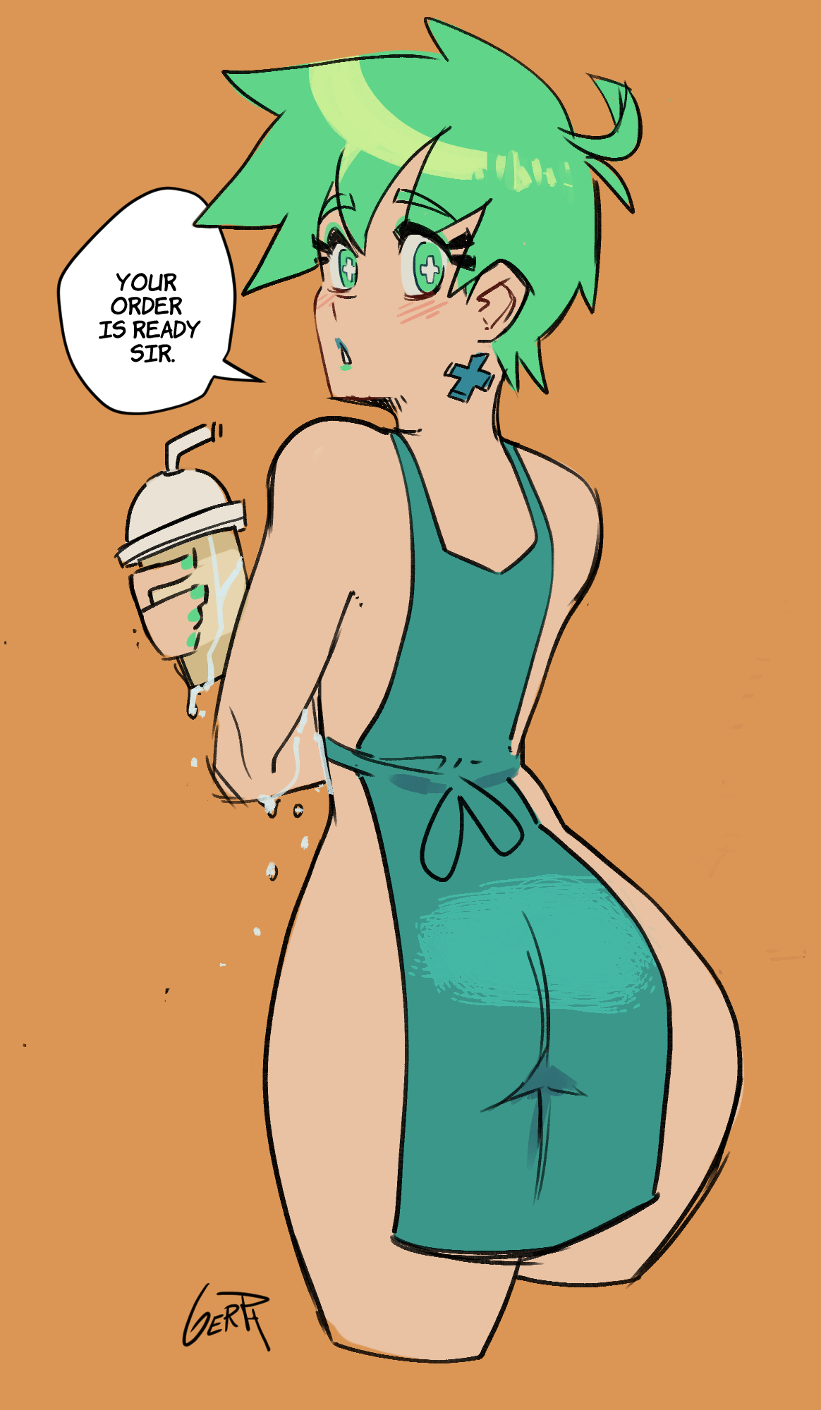 1girls, apron, apron only, arm under breasts, ass, big ass, blush lines, bottomless, bottomless female, breast milk, breasts, casual, coffee, dialogue, english, english dialogue, english text, eyelashes, female, gerph, green eyes, green hair, green lipstick, green nails, holding object, human, iced latte with breast milk, lactation, light skin, light-skinned female, looking at viewer, looking back, looking over shoulder, mint (skarp world), nail polish, orange background, outerwear, pale skin, pale-skinned female, plain background, simple background, skarp world, solo female, speech bubble, teal clothing, text, unusual anatomy, unusual eyes, unusual pupils