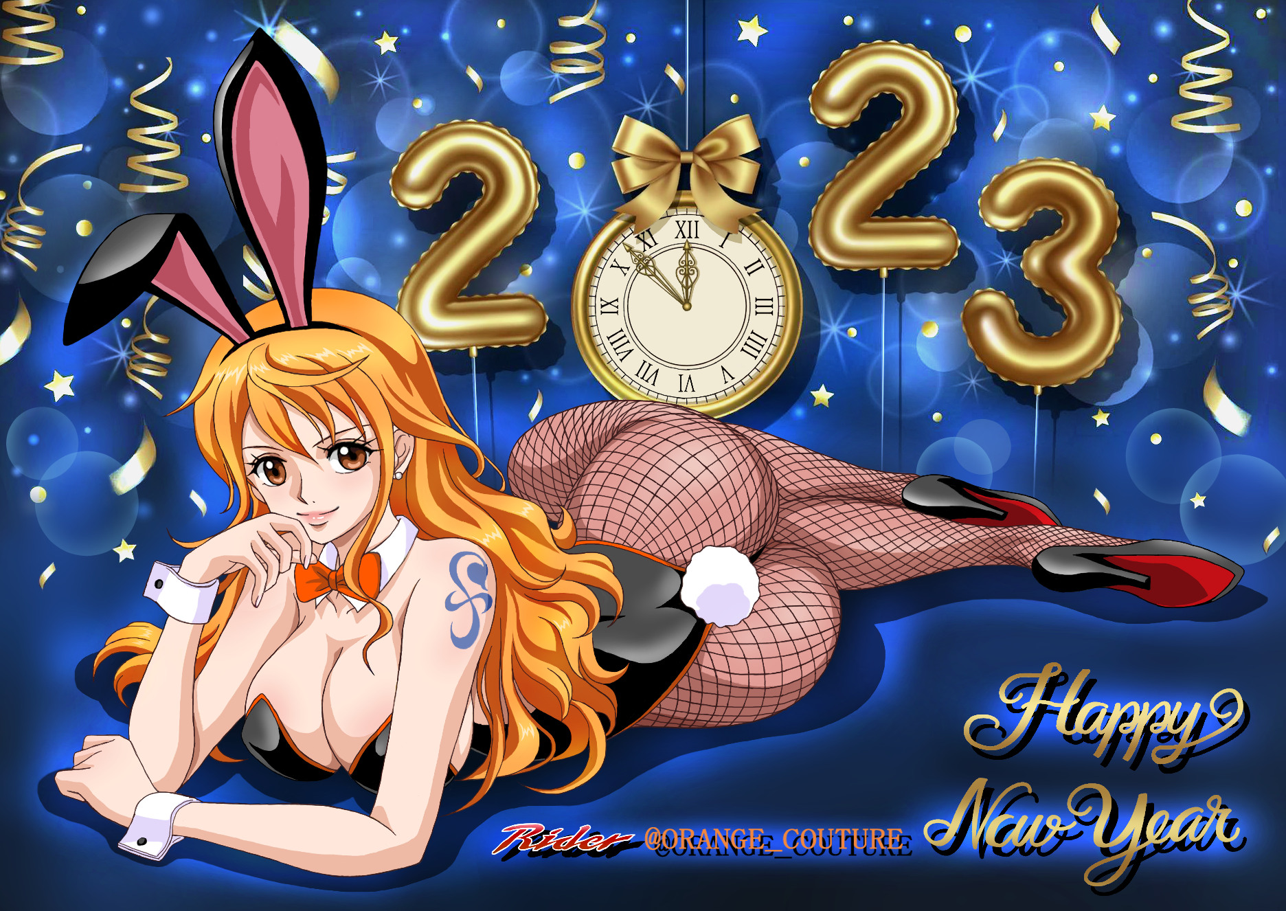 1girls, 2023, arm tattoo, ass, big ass, big breasts, blue tattoo, breasts, bunny ears, bunnysuit, cleavage, female, female only, fishnets, happy new year, high heels, looking at viewer, nami (one piece), on side, one piece, orange hair, orange-haired female, post-timeskip, raida (j5einmnjp3r49k6), seductive, solo, tattoo