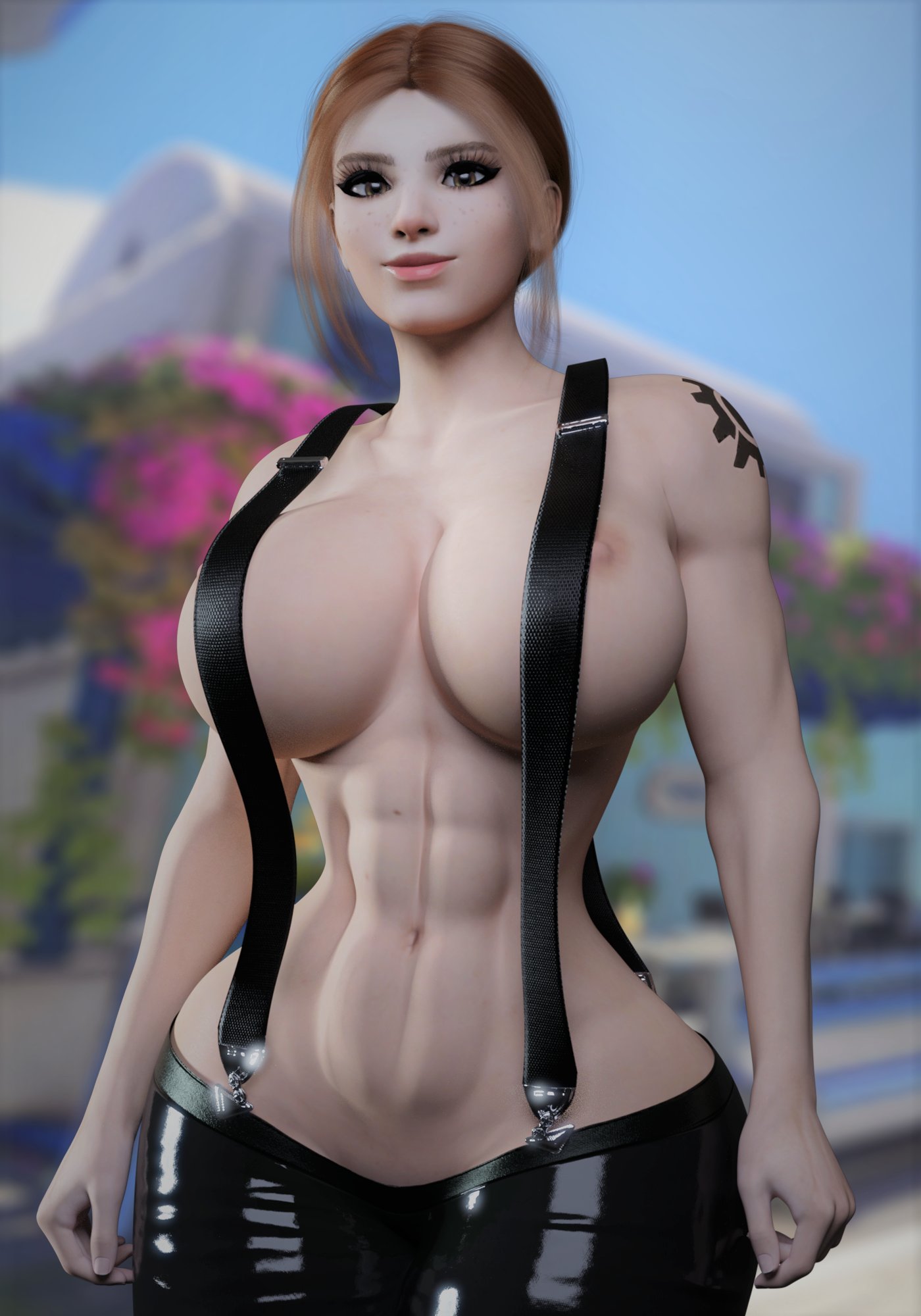 1girls, 3d, abs, audrix, big breasts, blizzard entertainment, breasts, brigitte, female, female only, muscular, muscular female, overwatch, red hair, solo, suspenders, tagme, tattoo, thick thighs, wide hips