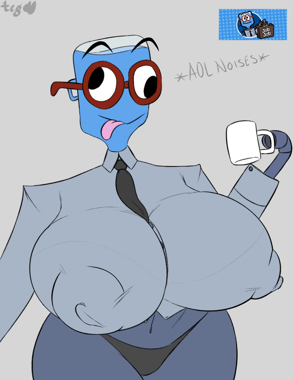 animate_inanimate anthro black_panties black_tie derp dress_shirt grey_background hourglass_figure huge_hips jackbox_games job_job large_nipples m._bubbles massive_breasts metal_skin mug nonbinary_(lore) red_glasses sebastianthebunbun the_jackbox_party_pack_8 tongue_out water_cooler