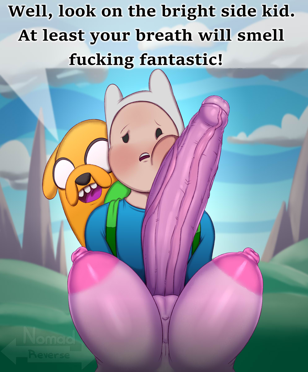 1futa, 2boys, adventure time, background, backpack, bag, big breasts, big penis, blush, breasts, canine, cartoon network, clothing, dialogue, faceless, faceless character, faceless futa, finn the human, foreskin, futa on male, futanari, headwear, human, imminent oral, intersex, jake the dog, light skin, light-skinned male, male, nipples, nomad reverse, pale skin, penis, pink skin, pink-skinned futa, princess bubblegum, tagme, uncircumcised, uncut, veiny penis, watermark