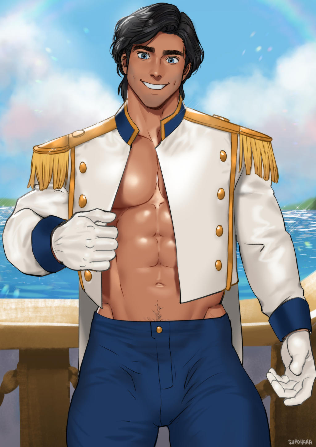 1boy, black hair, blue eyes, disney, disney prince, happy trail, jacket open, male, male only, muscular, muscular male, prince eric, rainbow, smile, suyohara, the little mermaid, yaoi