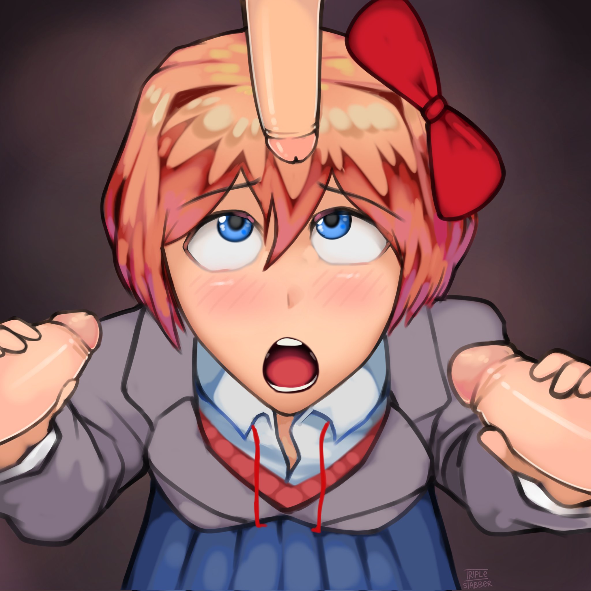 3boys, blue eyes, blue skirt, blush, bow, clothed, doki doki literature club, female, foursome, fully clothed, grey background, handjob, looking at penis, male, open mouth, orange hair, orgy, penis, red bow, sayori (doki doki literature club), school uniform, skirt, triplestabber, uniform