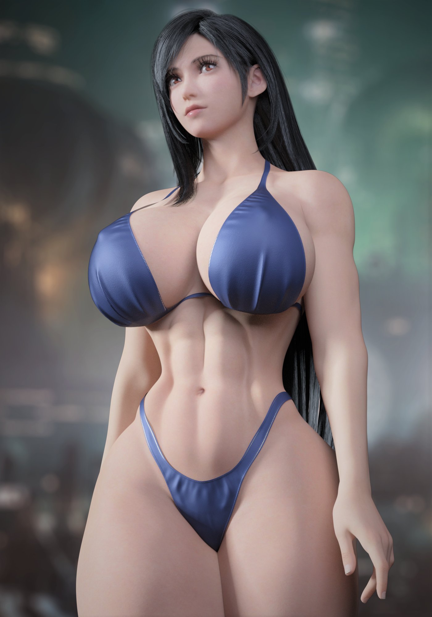 1girls, 2022, 3d, abs, ass, audrix, big ass, big breasts, bikini, black hair, breasts, female, female only, final fantasy, final fantasy vii, final fantasy vii remake, looking at viewer, muscular, muscular female, red eye, solo, swimsuit, thick thighs, tifa lockhart