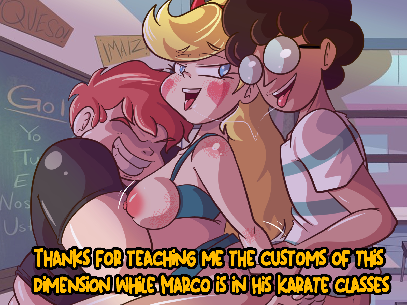 1girls, 2boys, alfonzo dolittle, anal, anal sex, arm grab, artlaccer (artist), blonde, blonde hair, blue eyes, breasts, breasts out, cheating, dialogue, disney, disney channel, disney xd, double penetration, dress lift, english text, exposed breasts, eyeglasses, fat male, female, ferguson o'durguson, glasses, implied sex, long hair, male, motion lines, netorare, nipples, ntr, orange hair, saliva, saliva trail, star butterfly, star vs the forces of evil, text, threesome, tongue, tongue out