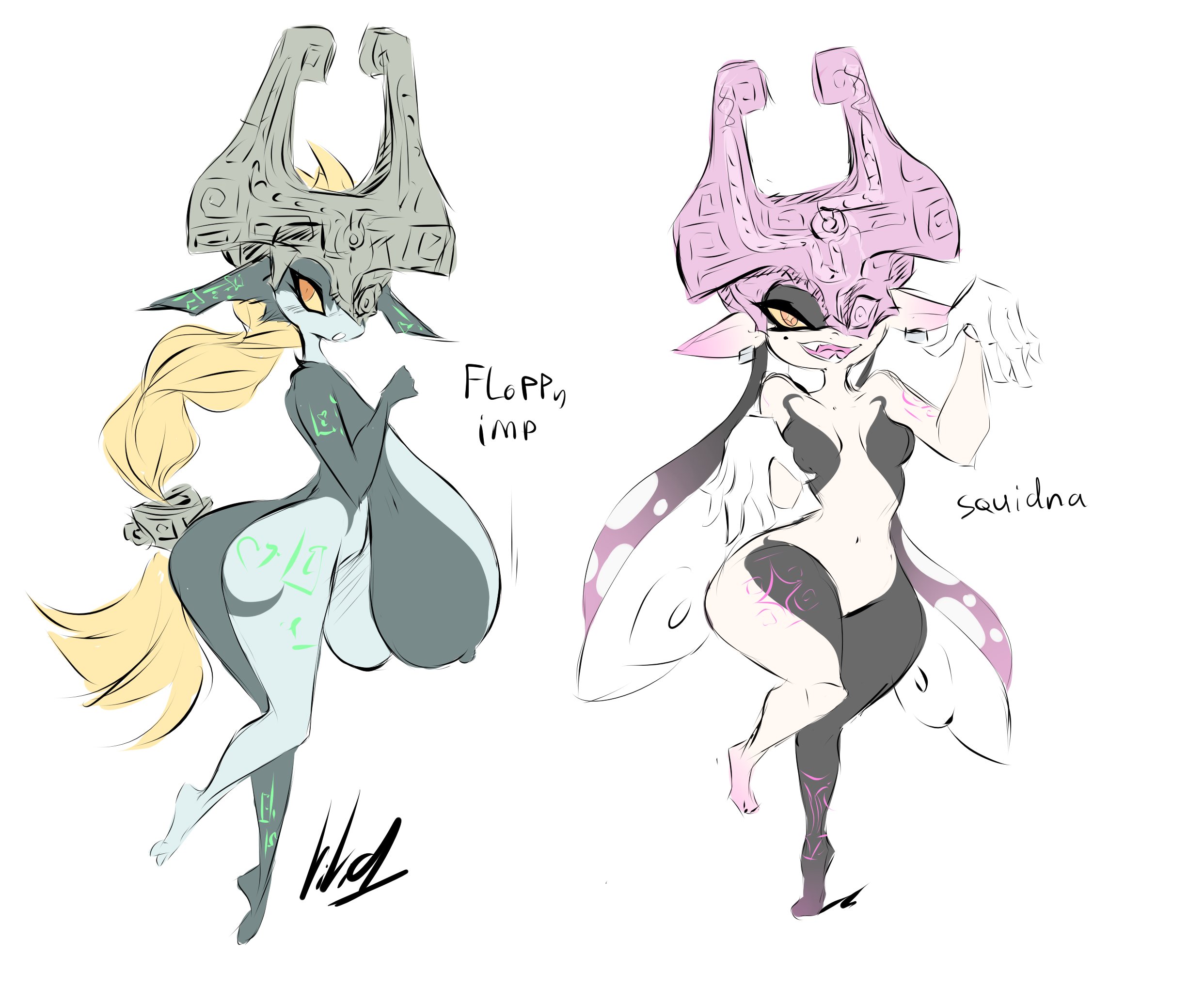2girls, big breasts, breasts, callie (splatoon), dullvivid, female, female only, imp, imp midna, midna, multiple females, multiple girls, splatoon, the legend of zelda, twilight princess, white background