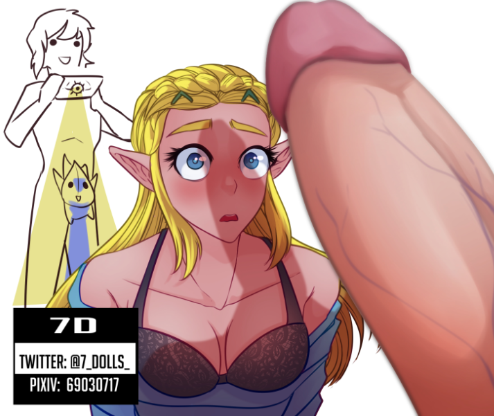 1boy, 1girls, 2022, 7dollarts, big penis, blonde hair, blue eyes, bra, braided hair, breasts, breath of the wild, close-up, elf, elf ears, female, huge cock, imminent fellatio, imminent oral, imminent sex, link, male, medium breasts, nintendo, penis, penis awe, pointy ears, princess zelda, realistic breast size, recording, shocked expression, straight, the legend of zelda, zelda (breath of the wild)