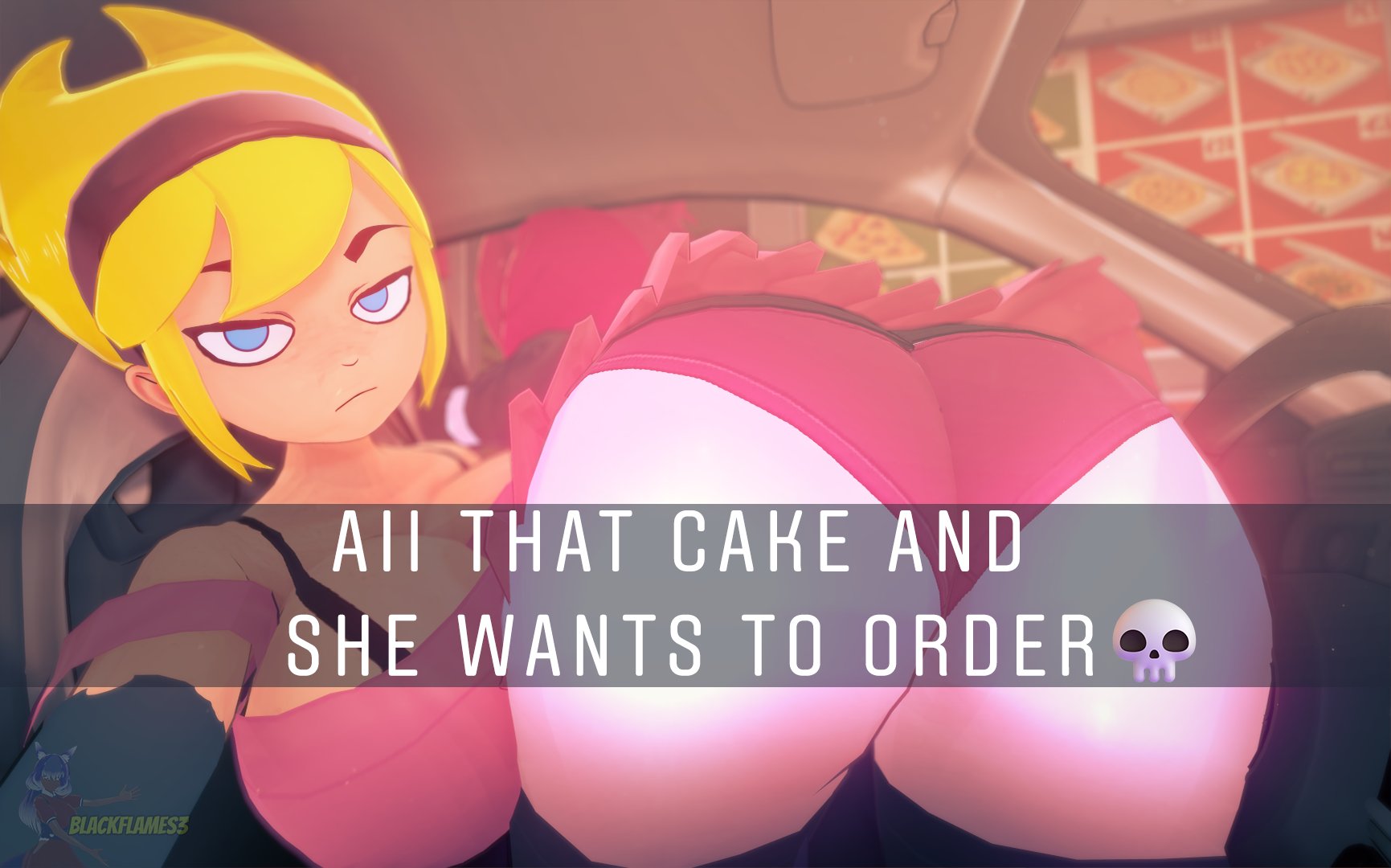 2girls, 3d, 3d (artwork), aged up, ass, big ass, blackflames3, blonde hair, blue eyes, car, cartoon network, crossover, female, female only, gaz membrane, goth, goth girl, he wants to order, human, invader zim, koikatsu, looking at viewer, looking out window, mandy (billy and mandy), meme, nickelodeon, pale skin, panties, pantyshot, purple panties, selfie, she wants to order, text, the grim adventures of billy and mandy, thicc gaz, twitter, underwear, upskirt