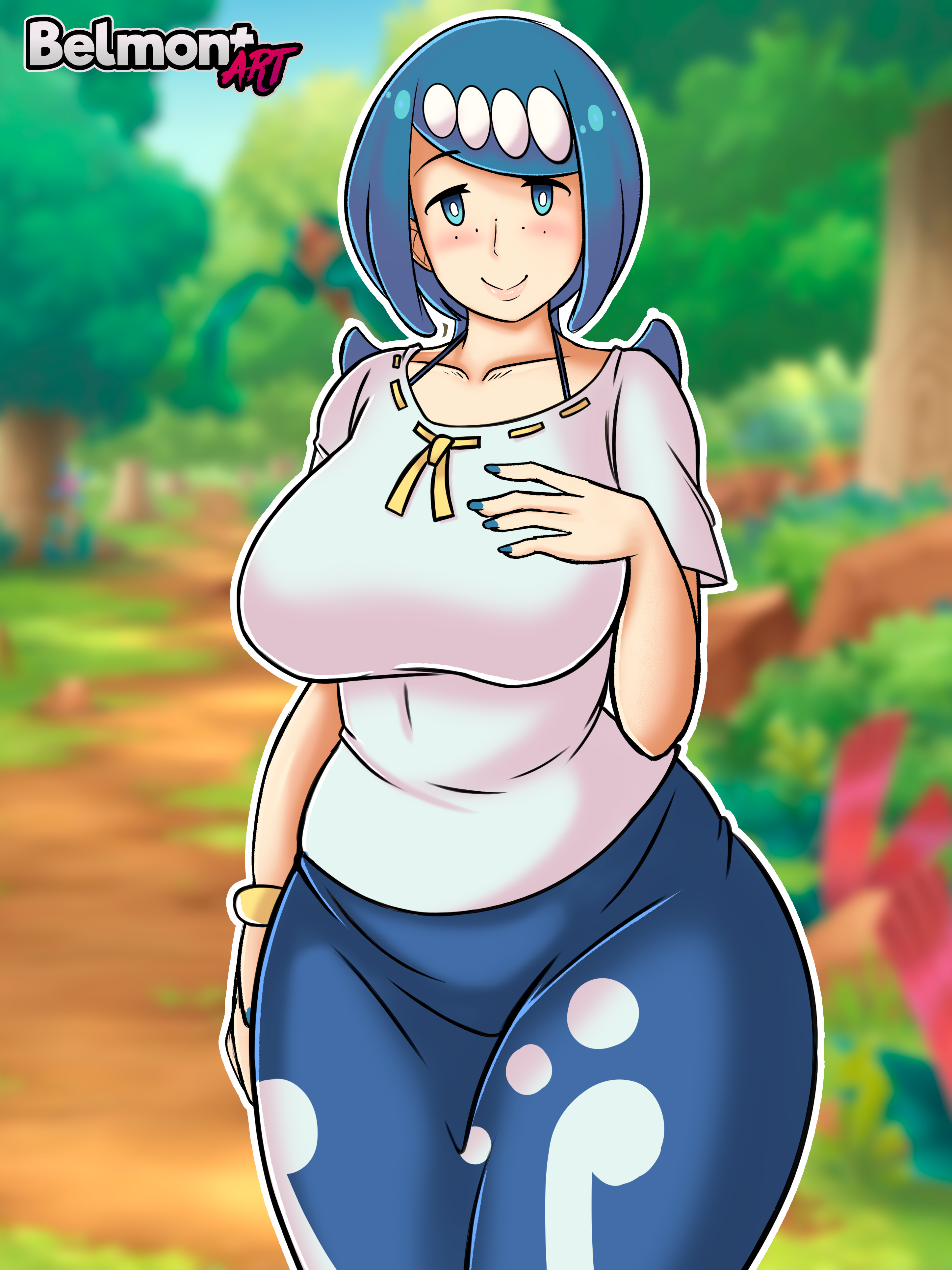 1girls, belmont, big breasts, blue eyes, blue hair, blue nail polish, blush, breasts, clothed, clothes, clothing, female, female only, freckles, fully clothed, hair ornament, hi res, highres, hips, huge breasts, human, human only, humanoid, lana's mother (pokemon), large breasts, mature, mature female, milf, mob face, nintendo, painted nails, pokemon, pokemon sm, solo, solo female, thick, thick thighs, thighs, tied hair, wide hips