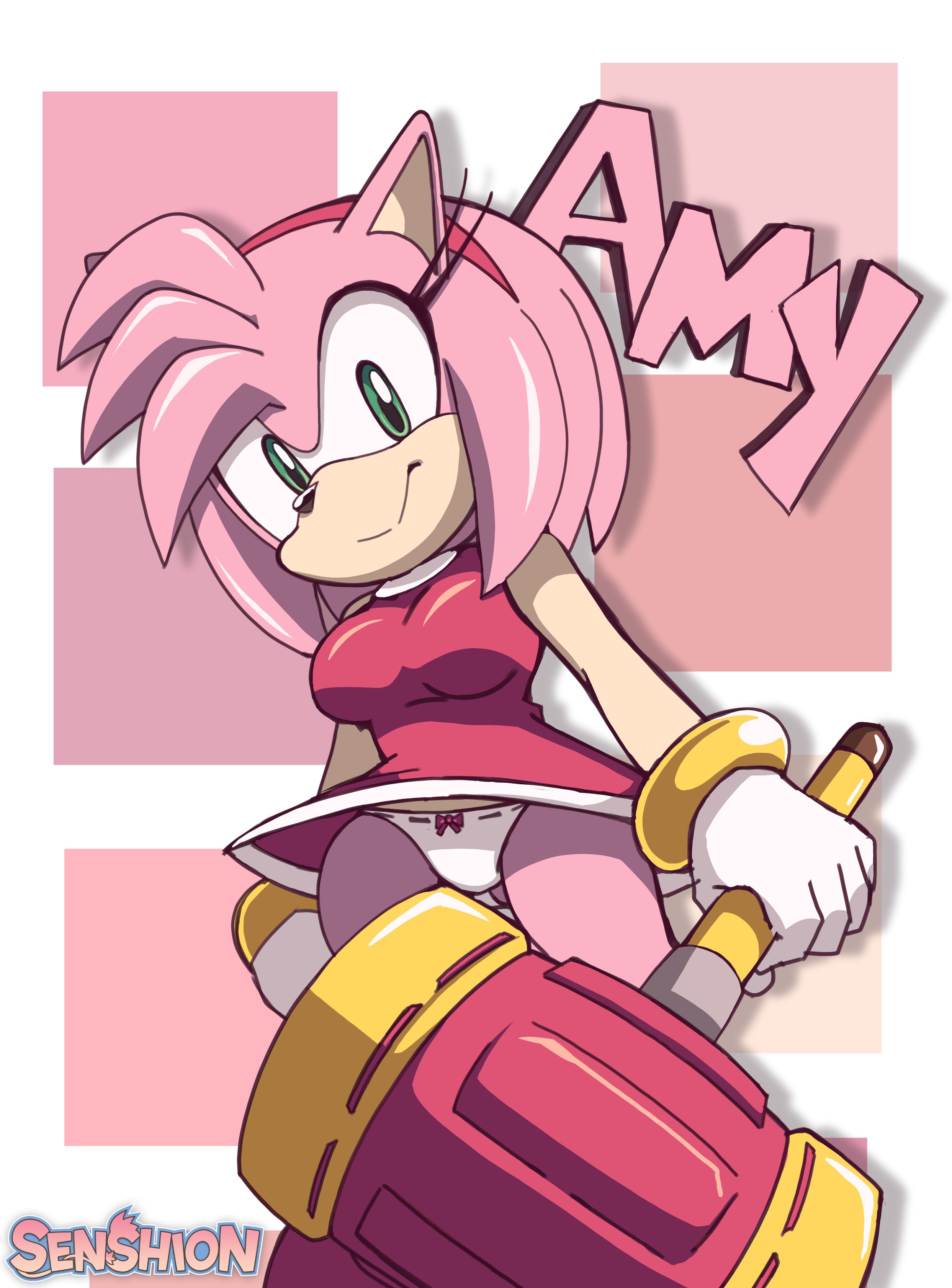 amy rose, bow panties, breasts, clothed, clothing, dress, female, fur, furry, furry only, green eyes, hedgehog, hi res, panties, pantyshot, pink fur, pink hair, senshion, solo, sonic (series), sonic the hedgehog (series), standing, text, underwear, upskirt, white panties