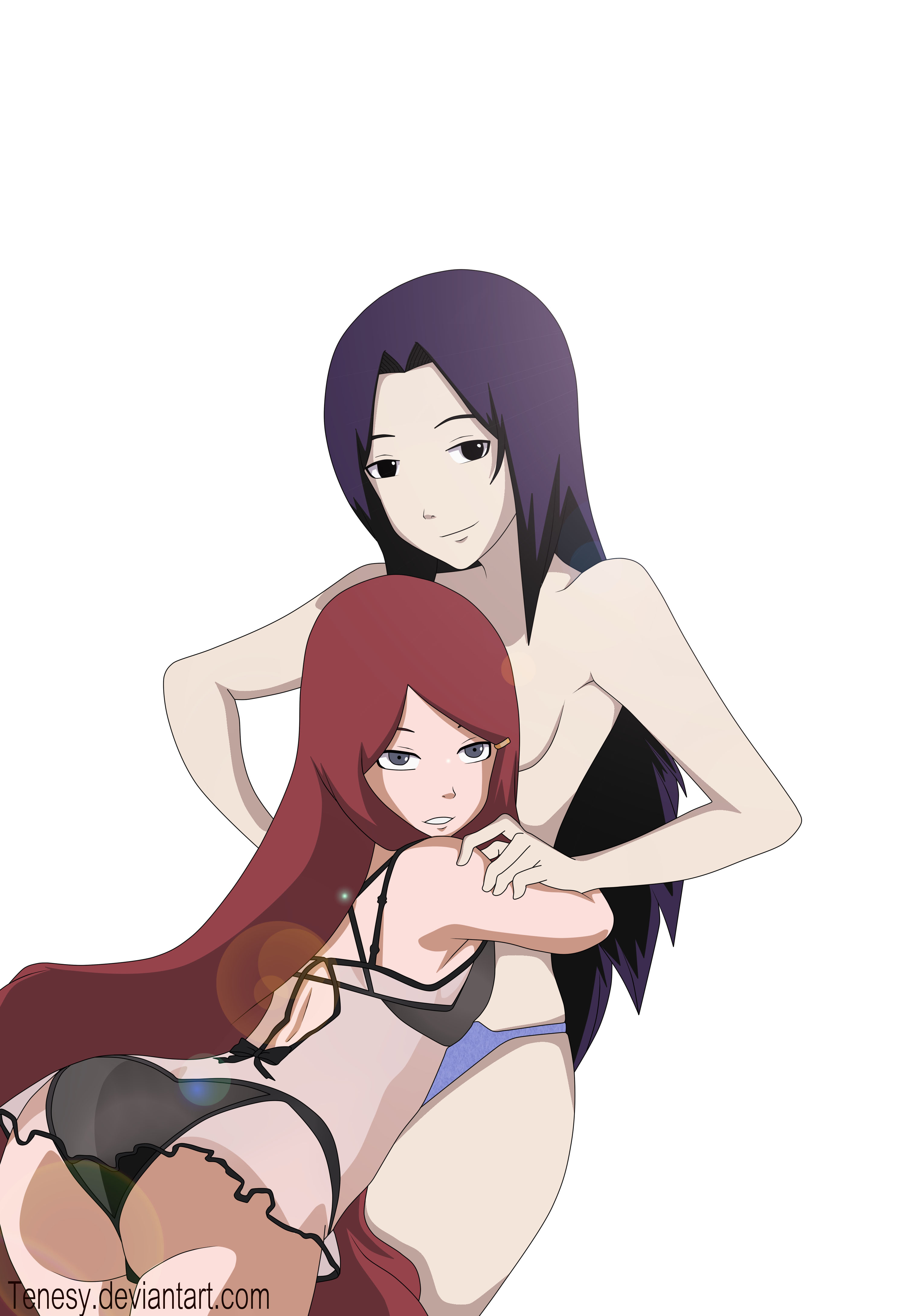 2girls, ass, babydoll, black eyes, black hair, bra, female, female only, female/female, hug, hugging, long hair, looking at viewer, looking back, milf, multiple females, multiple girls, naruto, naruto (series), naruto shippuden, no bra, panties, red hair, round ass, see-through, see-through clothing, smile, tenesy, topless, transparent clothing, uchiha mikoto, uzumaki kushina, very long hair, yuri