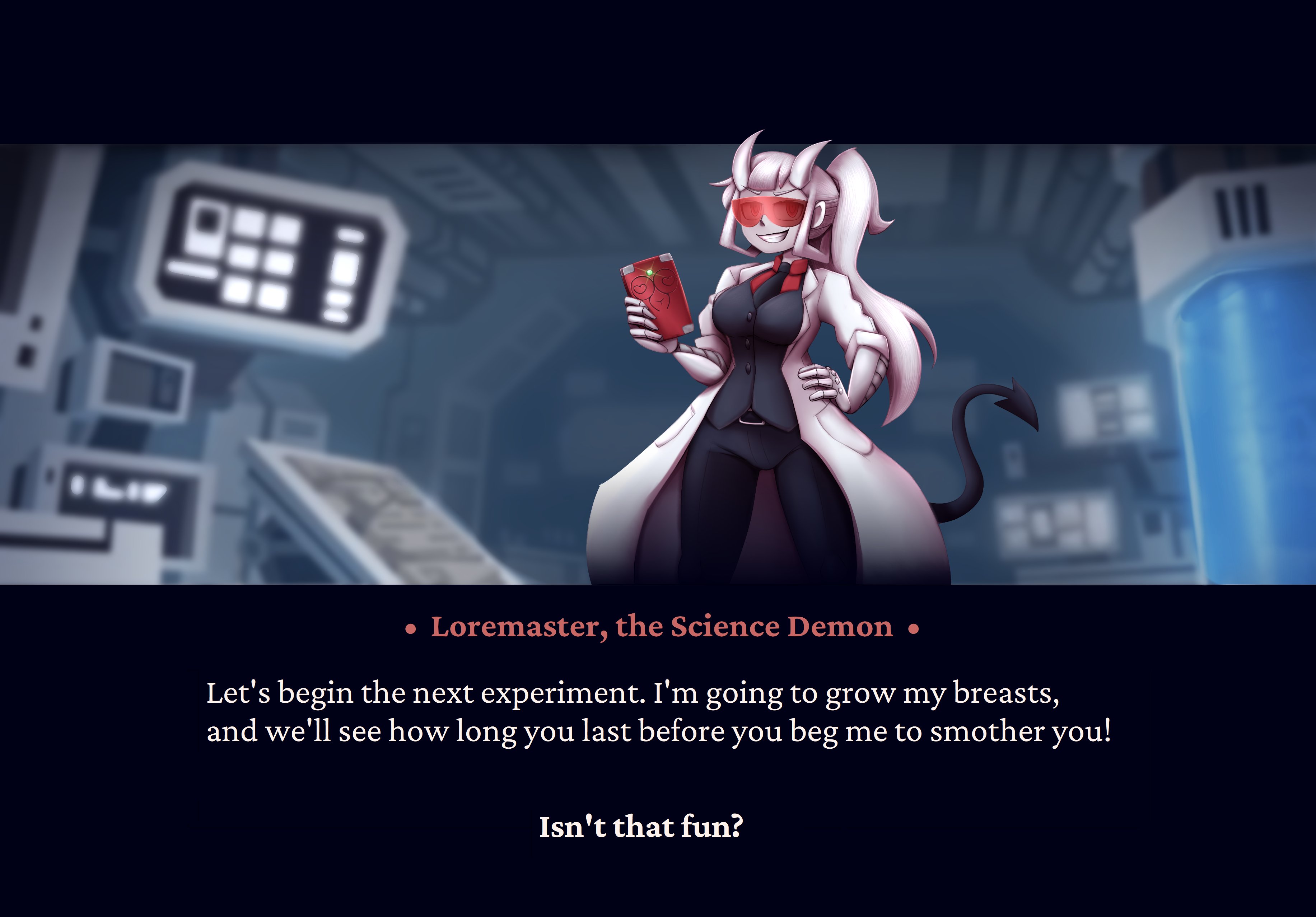 breast expansion, breast growth, breast growth (enlargement), breasts, expansion, female, helltaker, hyper, hyper breasts, loremaster (helltaker), metachoke, red-tinted eyewear, talking to viewer, teasing, tinted eyewear, visor, white hair