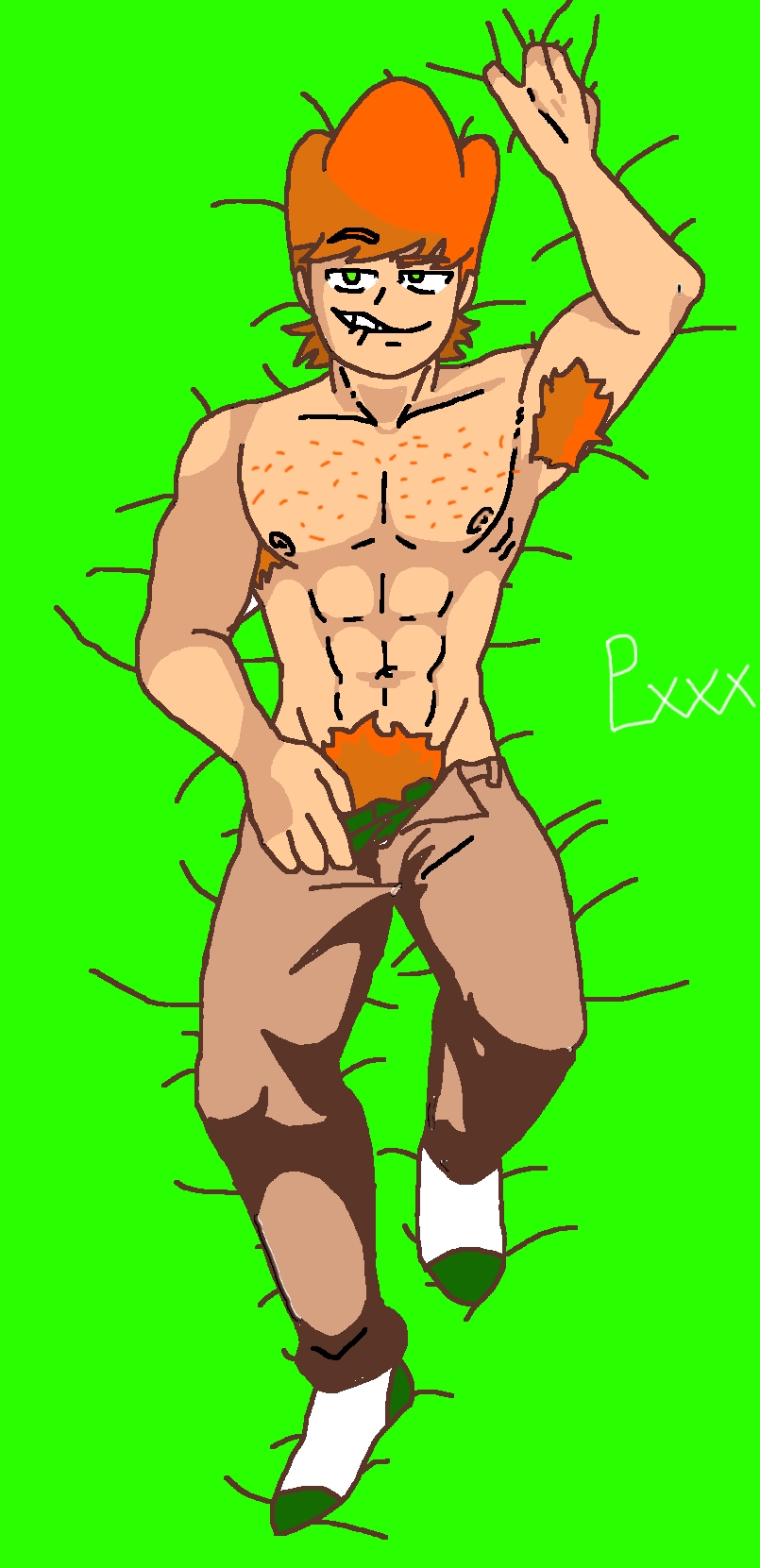 armpit_hair chest_hair gay green_eyes lip_bite male male_pubic_hair pajero_xxx_(artist) pajero_xxx_:) pico's_school pico_(newgrounds) traced_art yaoi