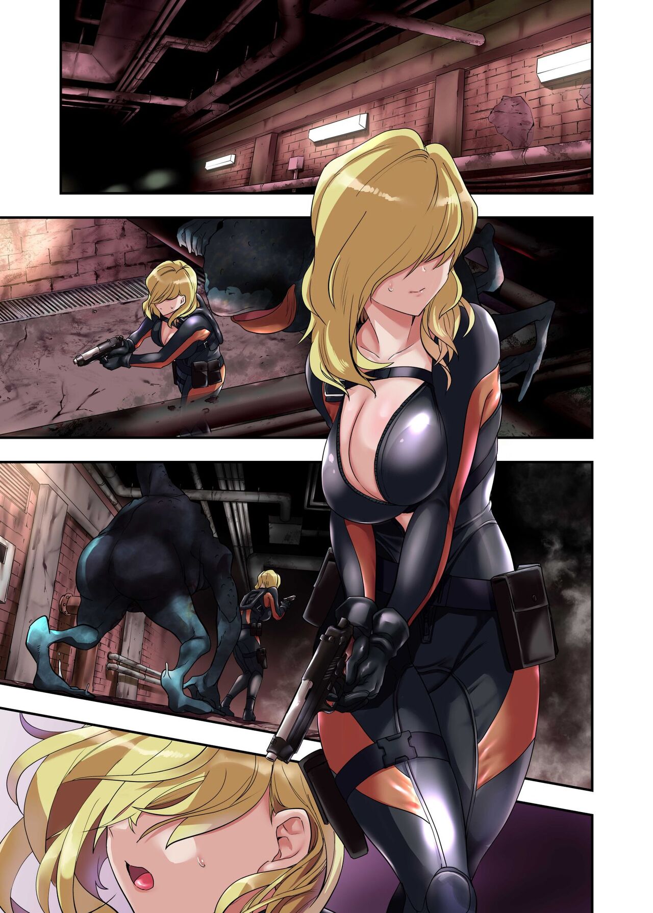 1girls 2022 big_breasts black_gloves blonde_hair bodysuit breasts capcom comic doujin doujinshi eyes_covered female gamma gun huge_breasts hunter_gamma looking_back monster open_mouth rachel_foley resident_evil resident_evil_revelations shiny_ass shiny_breasts shiny_butt shiny_skin shocked shocked_expression susuanpan sweat sweatdrop tight_clothes tight_clothing tight_fit tight_suit white_skin worried worried_expression yellow_hair