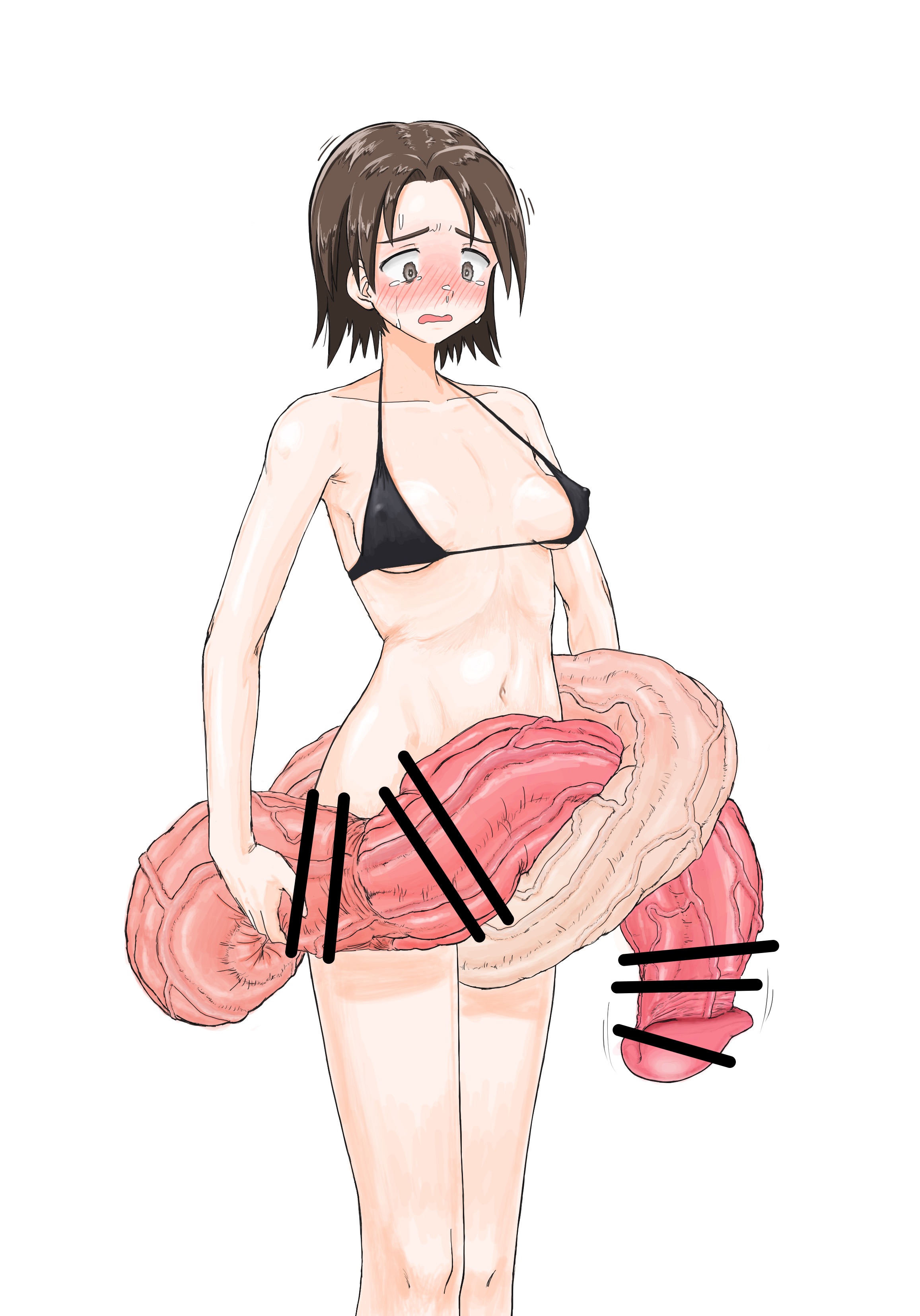 1futa, anaconda penis, bottomless, breasts, censor bar, censored, censored penis, clothed, clothing, embarrassed, extremely long penis, flaccid, futa only, futa sans balls, futanari, girls und panzer, human, hyper, hyper penis, intersex, light skin, light-skinned futa, mostly nude, penis, pointless clothing, sawa azusa, shinisou-nakoorogi, solo, standing, swimsuit, very long penis