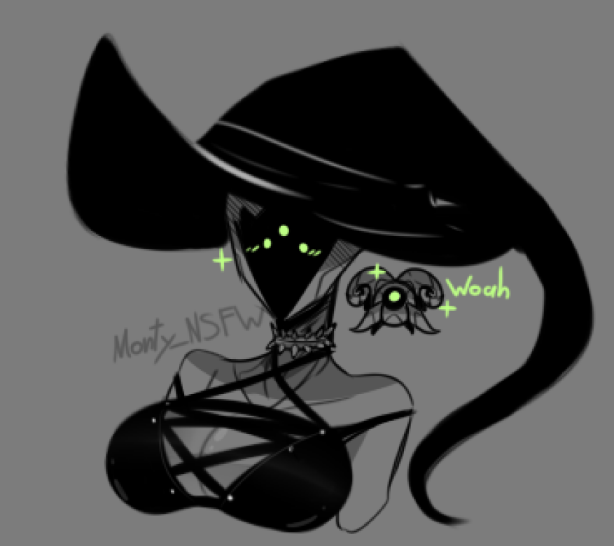 2d 3_eyes alien alien_girl alien_humanoid bare_shoulders blush breasts bungie choker cleavage destiny_(game) destiny_2 female female_focus female_only ghost_(destiny) green_eyes grey_background guardian_(destiny) hive_(destiny) hive_guardian hive_wizard monty_nsfw multi_eye sparkles warlock_(destiny) witch witch_hat