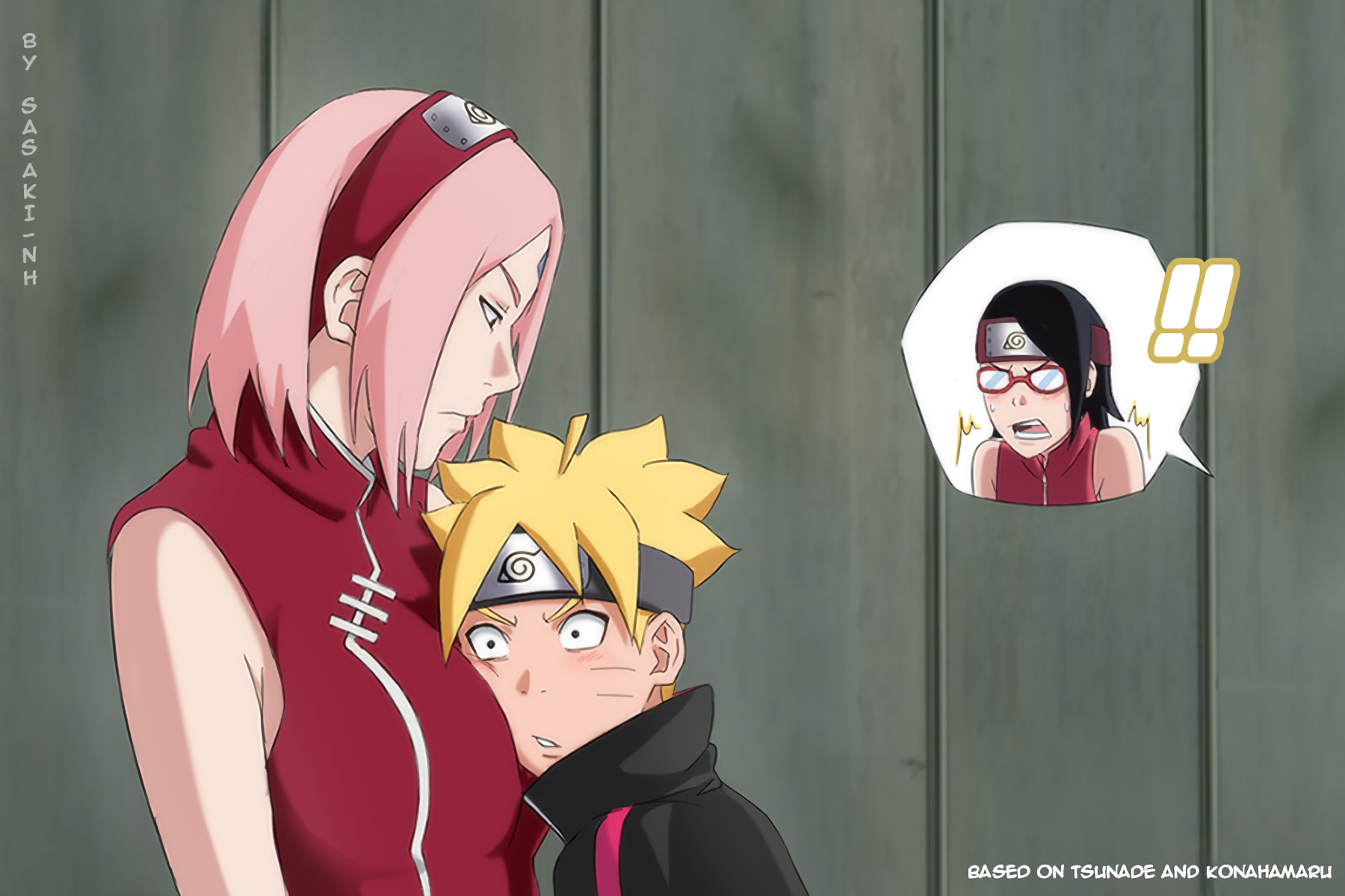 1boy, 1milf, 2022, 2girls, age difference, black eyes, black hair, black headband, blonde hair, blue eyes, boruto: naruto next generations, facial mark, female, forehead jewel, forehead mark, forehead protector, glasses, green eyes, head on chest, headband, high resolution, highres, konohagakure symbol, kunoichi, male, mature female, milf, mother and daughter, mother and daughter's friend, multiple females, multiple girls, naruto, naruto (series), ninja, older female, pink hair, red headband, sakura haruno, sarada uchiha, sasaki-nh, short hair, shounen jump, uzumaki boruto, whisker markings, whiskers, younger male