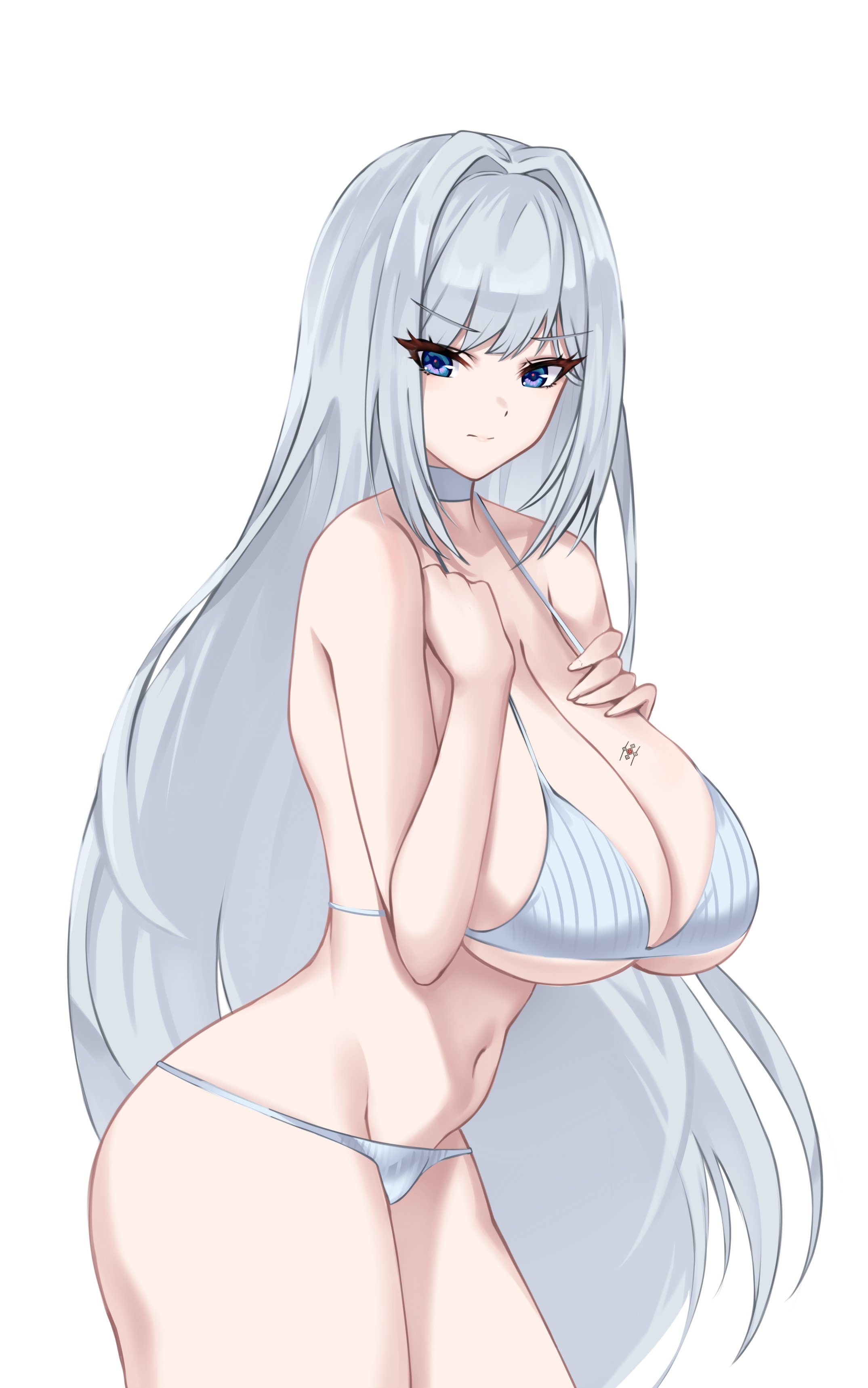 1girls, belly, belly button, big breasts, bikini, blue eyes, breasts, crimecrime, curvaceous, curves, curvy, curvy body, curvy female, curvy figure, curvy hips, ethel (xenoblade), female, hand on breast, huge breasts, large breasts, long hair, purple eyes, silver hair, swimsuit, swimwear, thick, thick thighs, thighs, tummy, white background, white hair, xenoblade (series), xenoblade chronicles 3