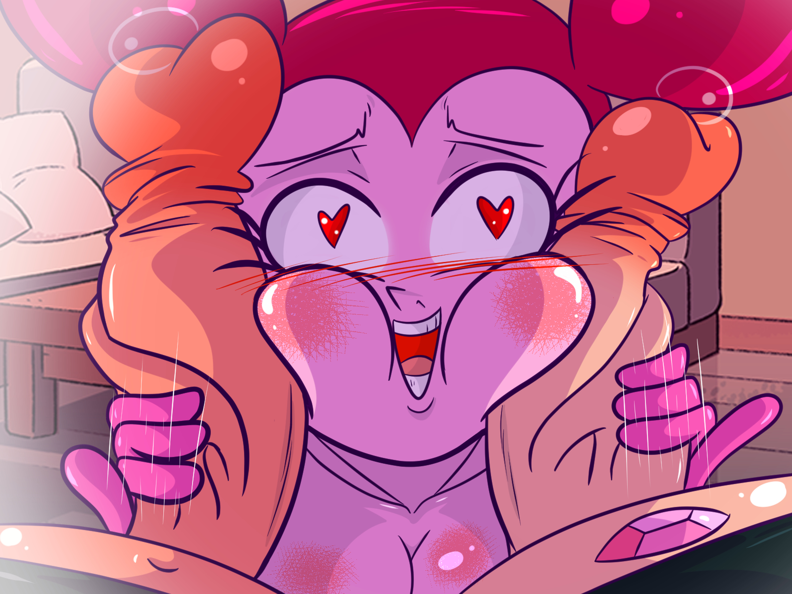 1girls, 2boys, artlaccer (artist), big penis, breasts, cartoon network, cartoon network studios, cock hungry, detailed background, double handjob, female, gem (species), gloved handjob, gloves, greg universe, heart-shaped pupils, male, male/female, penis, penis grab, penis on cheek, pink hair, pink skin, precum, reset spinel (steven universe), spinel (steven universe), steven quartz universe, steven universe, steven universe: the movie, veiny penis