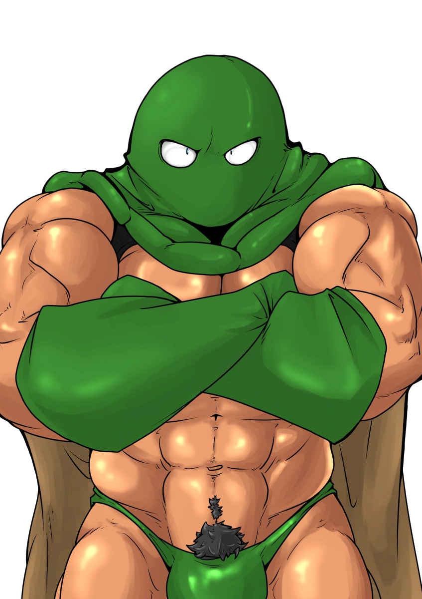 arms_crossed balls bara bulge cape dragon_quest gloves kaltet0818 kandar male male_only mask masked muscles muscular penis pubic_hair solo solo_male underwear