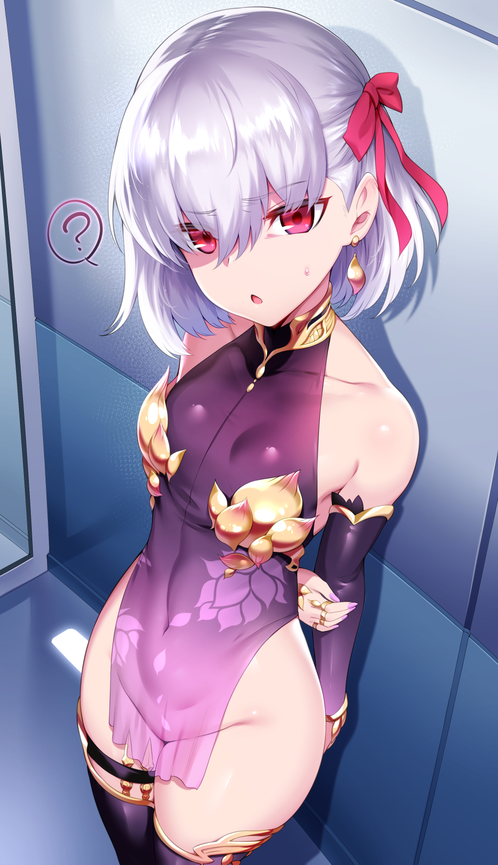 ?, 1girls, against wall, breasts, china dress, chinese clothes, confused, detached sleeves, dress, earrings, eyelashes, eyeliner, fate (series), female, female only, hi res, kama (fate/grand order), m-da s-tarou, makeup, medium hair, nipples, nipples visible through clothing, pussy, ribbon, see-through, small breasts, solo, standing, stomach, wide hips