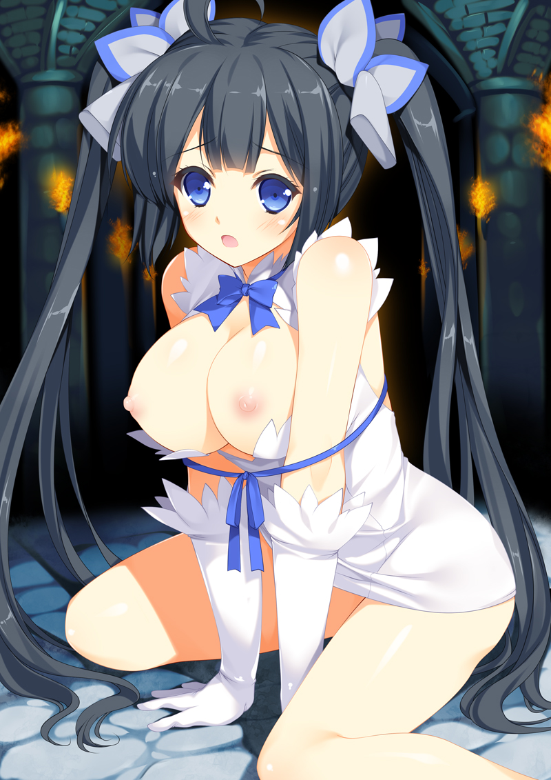 black_hair blue_eyes blue_ribbon breasts commentary_request dungeon_ni_deai_wo_motomeru_no_wa_machigatteiru_darou_ka female gloves hestia_(danmachi) large_breasts long_hair nipples photoshop_(medium) rei_no_himo ribbon solo tamiya_akito twintails white_gloves