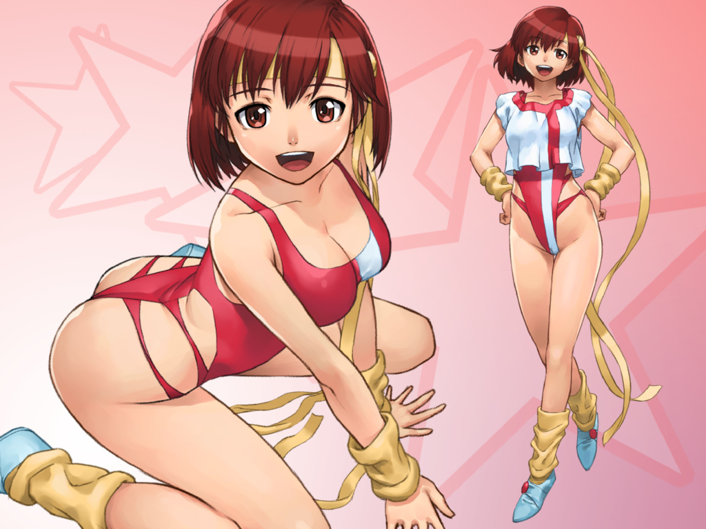 :d ass big_ass big_breasts black_eyes brown_hair embarrassed female female_focus female_only gainax gunbuster looking_at_viewer looking_back noriko_takaya simple_background thick_thighs thighs