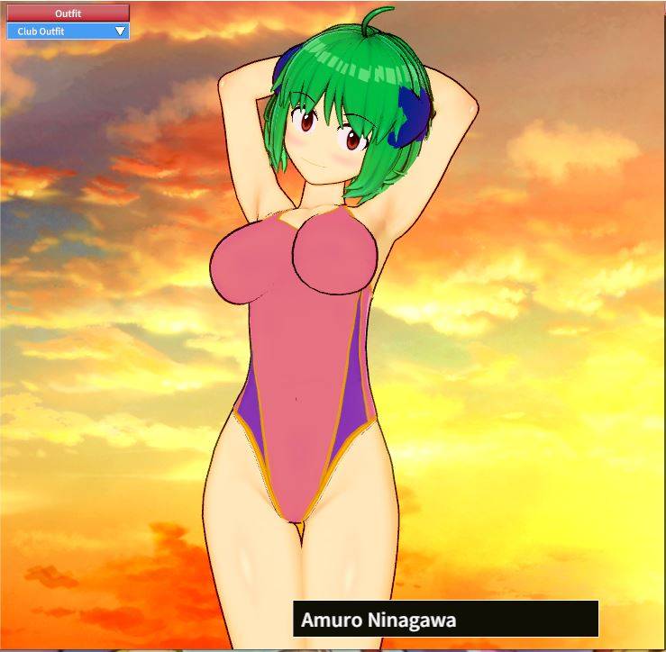 1girls 3d big_breasts blush breasts busty female female_only green_hair kenkou_zenrakei_suieibu_umishou large_breasts legs looking_at_viewer ninagawa_amuro one-piece_swimsuit pink_swimsuit pose posing red_eyes sensual sexy_armpits short_hair smile swimsuit thighs