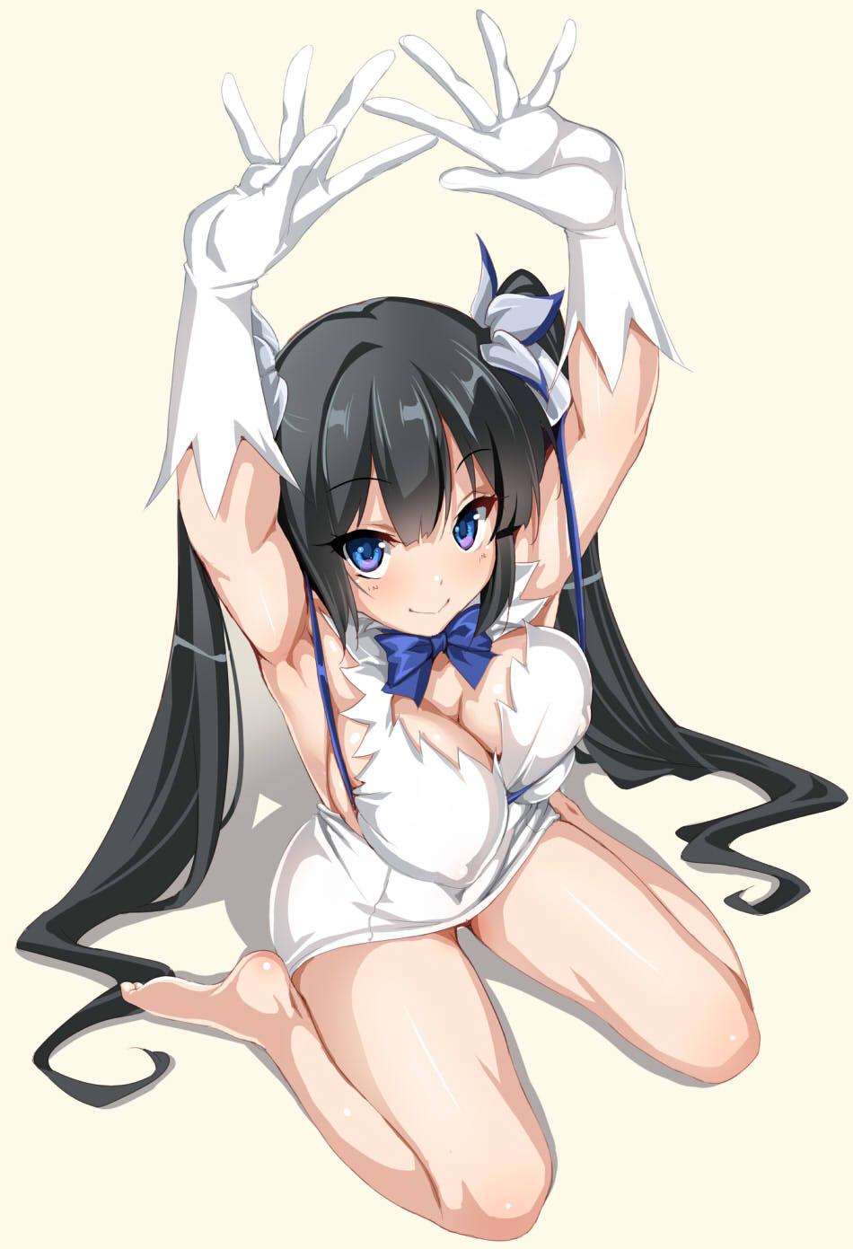 :> arm_ribbon armpits arms_up barefoot black_hair blue_eyes blue_ribbon blush breasts cle_masahiro cleavage covered_nipples dress dungeon_ni_deai_wo_motomeru_no_wa_machigatteiru_darou_ka female full_body gloves hair_ornament hestia_(danmachi) highres large_breasts long_hair rei_no_himo ribbon silhouette sitting smile solo twintails very_long_hair wariza white_dress white_gloves