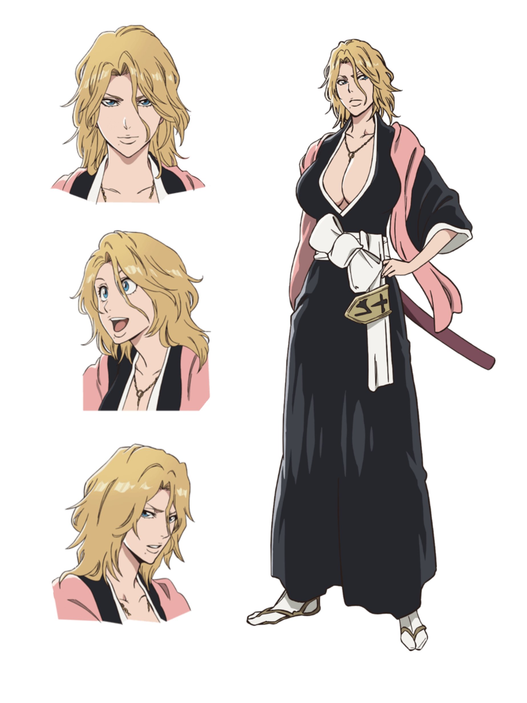 1girls, 2022, absurdres, anime, bleach, bleach: the thousand-year blood war, blonde eyebrows, blonde hair, blonde-haired female, blue eyes, blue-eyed female, breasts, chain necklace, cleavage, collarbone, concept art, female, female focus, female only, full body, fully clothed, highres, huge breasts, jewelry, katana, lips, matsumoto rangiku, mole, mole under mouth, multiple views, necklace, official art, parted lips, plain background, seductive, sheath, short hair, simple background, solo, solo female, standing, voluptuous, voluptuous female, weapon, white background