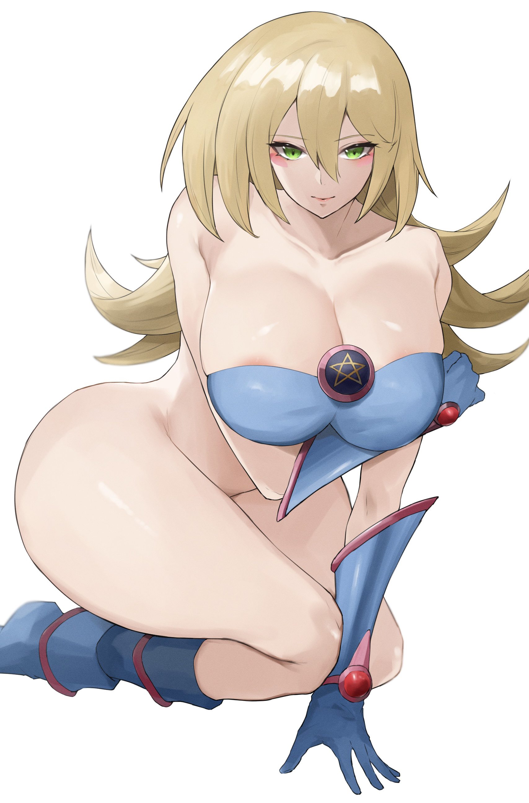 1girls, 2022, blonde hair, bottomless, bottomless female, breasts, dark magician girl, female, female only, green eyes, hi res, high resolution, hips, huge breasts, kataku musou, kneeling, long hair, looking at viewer, shounen jump, slim waist, thick thighs, thighs, wide hips, yu-gi-oh!
