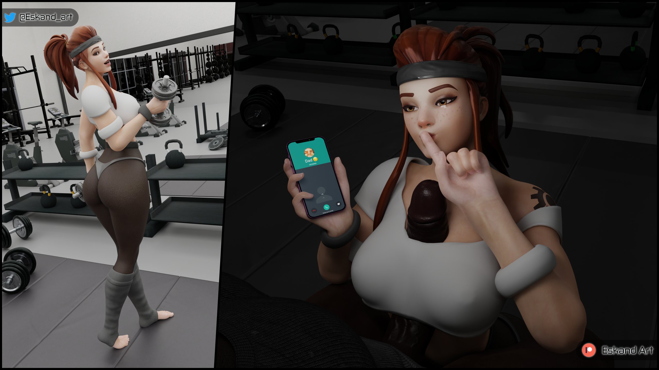 1boy, 1girls, 3d, arm tattoo, ass, bandana, big ass, big penis, blizzard entertainment, breasts, brigitte, brown eyes, brown hair, cuckold, dark skin, dark-skinned male, english text, eskandart, female, gym, gym clothes, interracial, large breasts, light skin, light-skinned female, male, overwatch, paizuri, paizuri under clothes, penis, phone, ponytail, straight, tattoo, text
