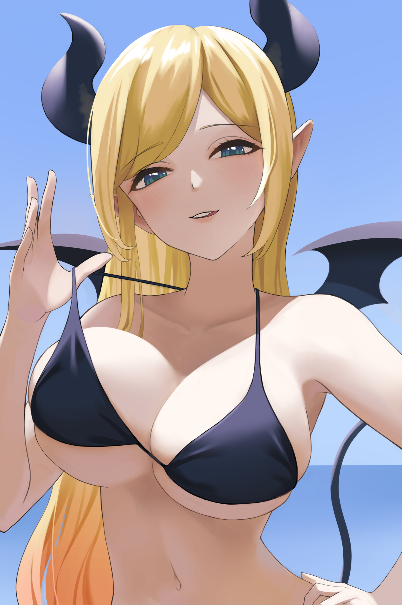 bikini, black bikini, blonde hair, blue eyes, breasts, cleavage, demon, demon girl, demon horns, demon wings, female, halterneck, highres, hololive, hololive gen 2, hololive japan, horns, large breasts, long hair, looking at viewer, navel, ootsuka you, parted lips, pointy ears, solo, strap lift, string bikini, succubus, swimsuit, upper body, virtual youtuber, wings, yuzuki choco