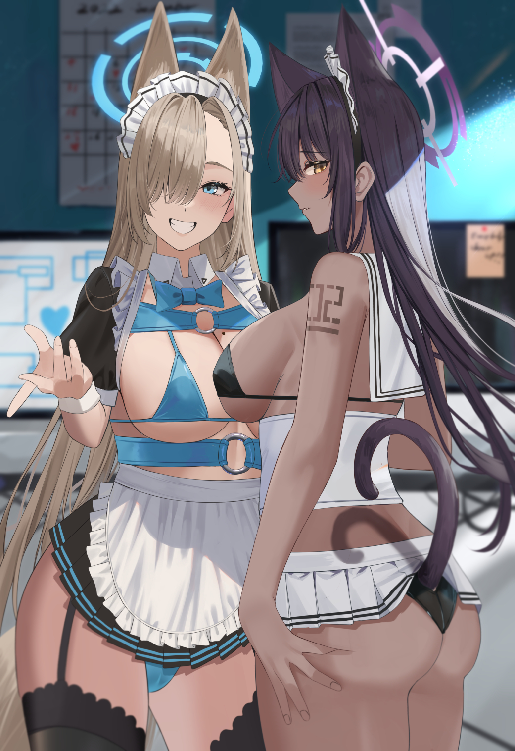 2girls, ass, asuna (blue archive), black bra, black garter straps, black hair, black legwear, black panties, black stockings, blonde hair, blue archive, blue bra, blue eyes, blue panties, blush, breasts, cat ears, cat girl, cat tail, catgirl, cleaning & clearing (blue archive), cleavage, dark skin, dark-skinned female, female, gaitoou, hair over one eye, karin (blue archive), large breasts, light brown hair, long hair, looking at viewer, maid, maid headdress, millennium science school student, miniskirt, multiple females, multiple girls, skirt, tattoo, thick thighs, thighhighs, thighs, uncensored, underwear, very long hair, wide hips, yellow eyes