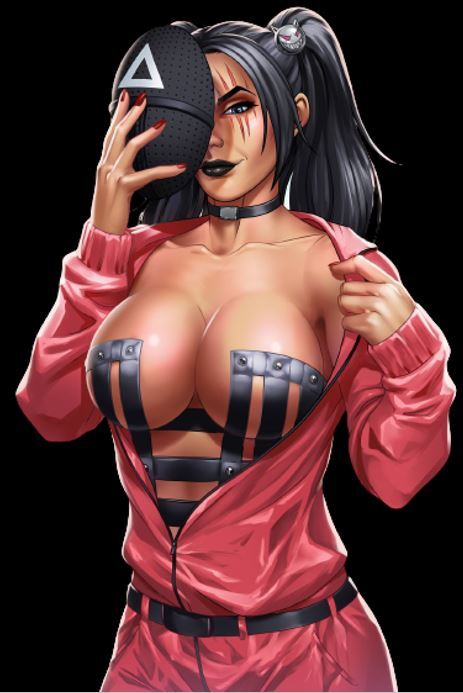 big_breasts black_hair black_lipstick bulging_breasts cosplay curvaceous curvy_body curvy_female curvy_figure looking_at_viewer milf miss_meow red_jacket squid_game twintails voluptuous