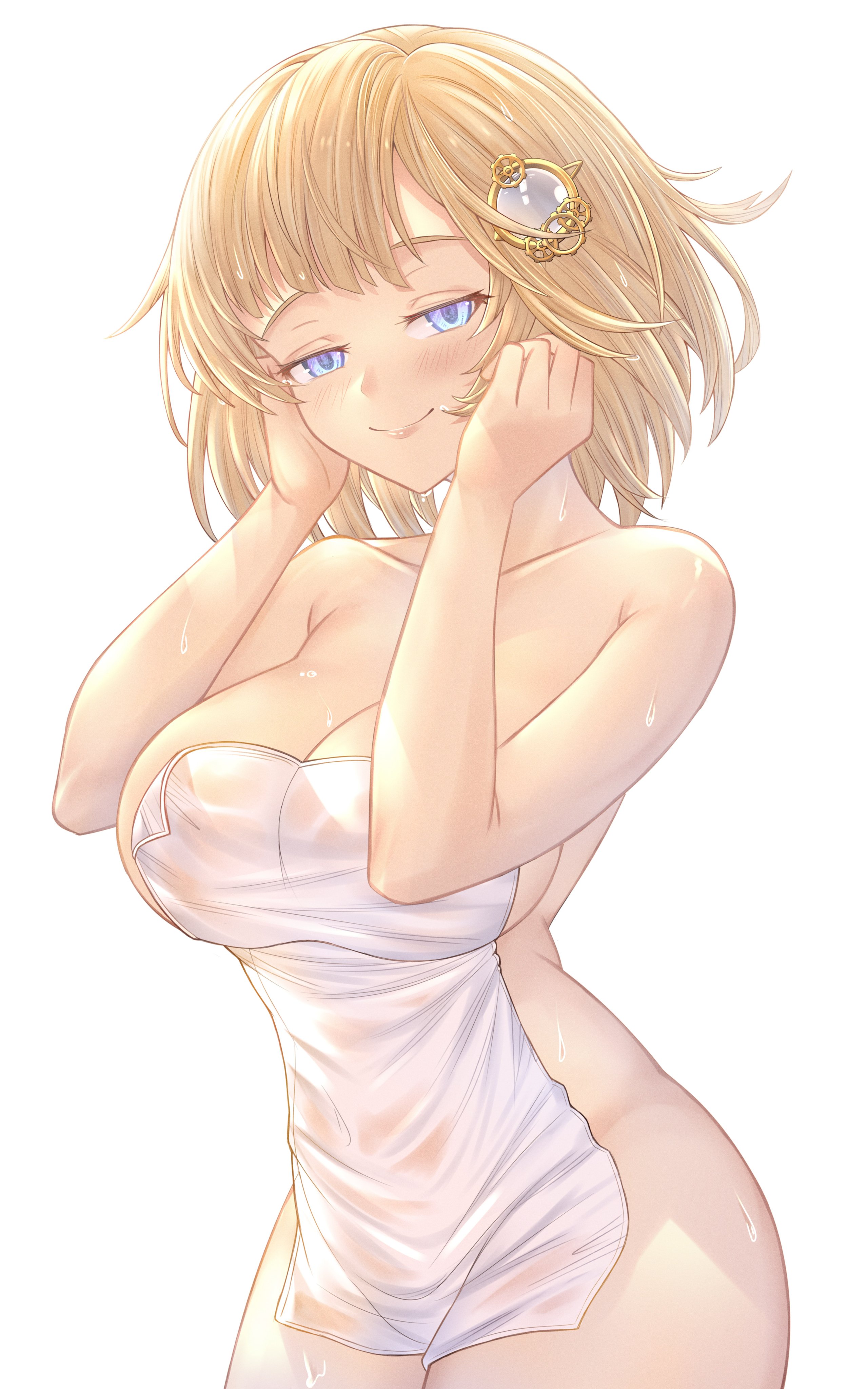 1girls, big breasts, blonde hair, breasts, female, female only, hands on cheeks, hololive, hololive english, hololive myth, honkivampy, light blue eyes, light skin, light-skinned female, solo, solo female, towel only, virtual youtuber, watson amelia
