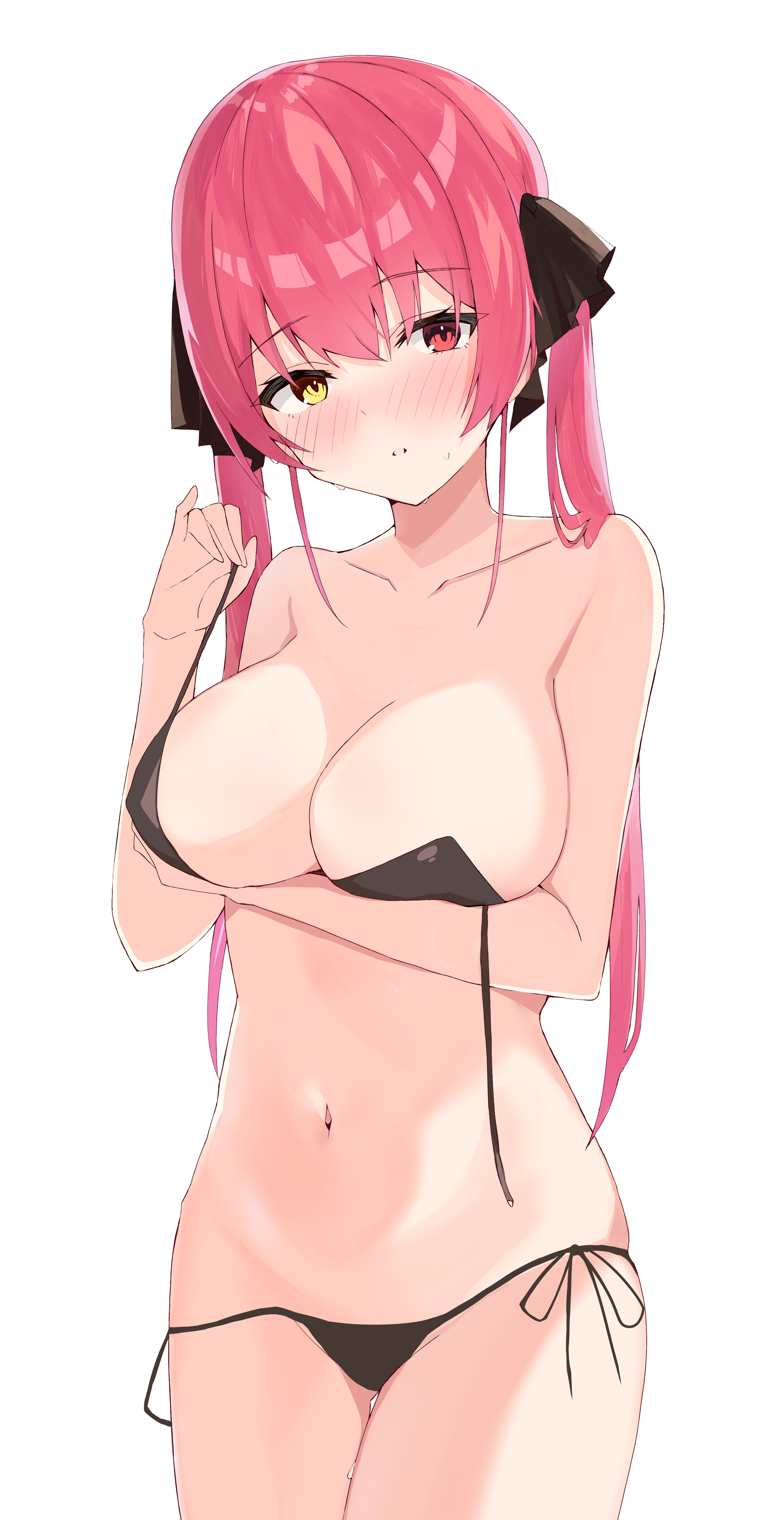 absurdres, ass visible through thighs, bangs, bare shoulders, bikini, black bikini, black ribbon, blush, breasts, collarbone, commentary, covered nipples, female, hair between eyes, hair ribbon, heterochromia, highres, hololive, hololive fantasy, hololive japan, houshou marine, large breasts, long hair, looking at viewer, mirai (mirai 2005), navel, parted lips, pink hair, red eyes, ribbon, shiny, shiny hair, side-tie bikini bottom, simple background, skindentation, solo, string bikini, swimsuit, thigh gap, thighs, untied, untied bikini, virtual youtuber, yellow eyes