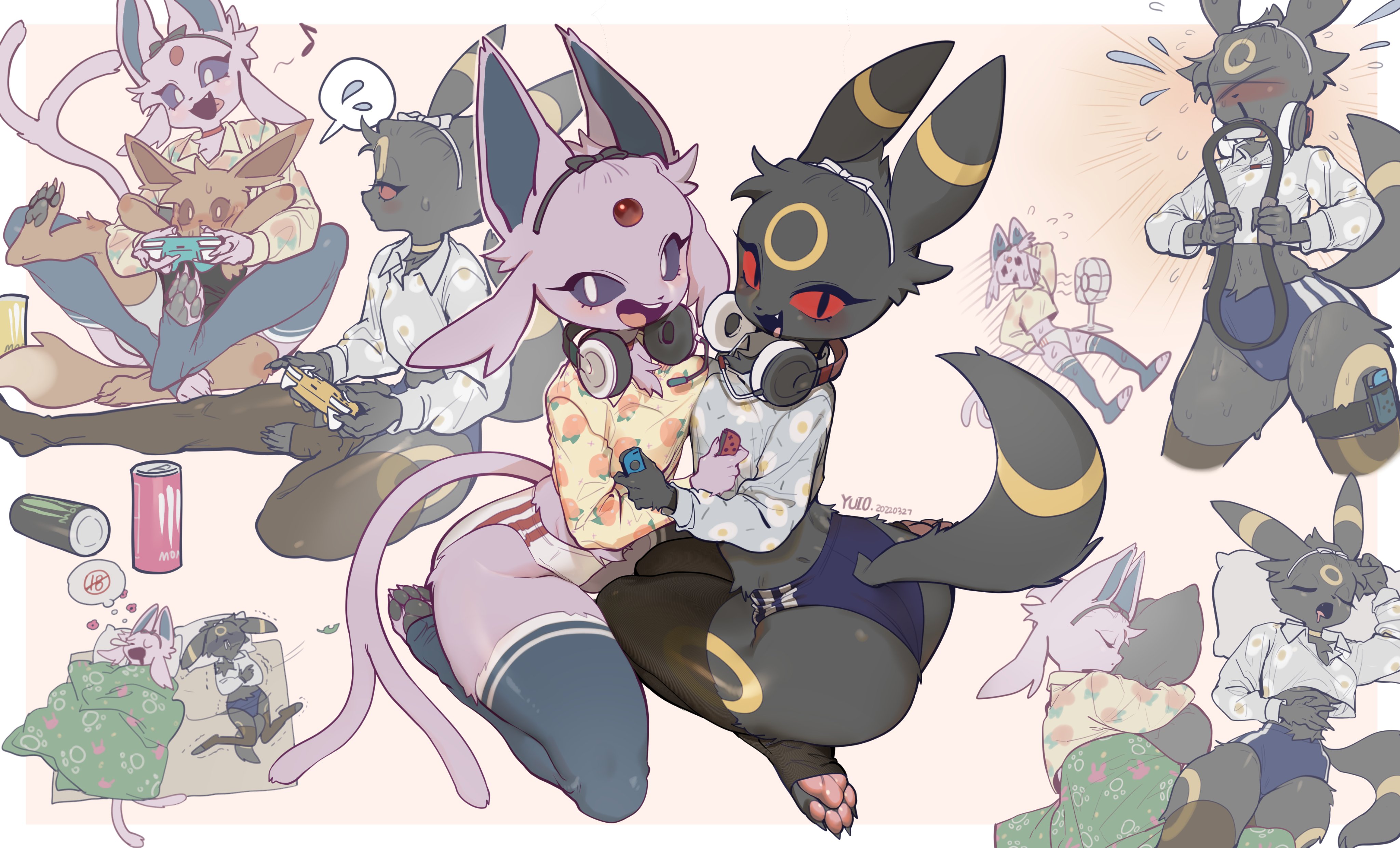 eevee, eeveelution, espeon, feet, female, fur, game controller, monster energy, nintendo, pokémon (species), pokemon, pokemon (species), sleeping, umbreon, yuio