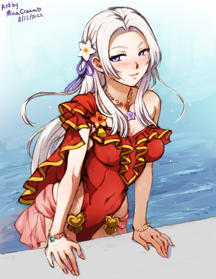 1girls alternate_costume breasts cleavage edelgard_von_hresvelg edelgard_von_hresvelg_(summer) female female_only fire_emblem fire_emblem:_three_houses fire_emblem_heroes long_hair medium_breasts minacream nintendo official_alternate_costume one-piece_swimsuit purple_eyes red_swimsuit smile solo swimsuit water white_hair