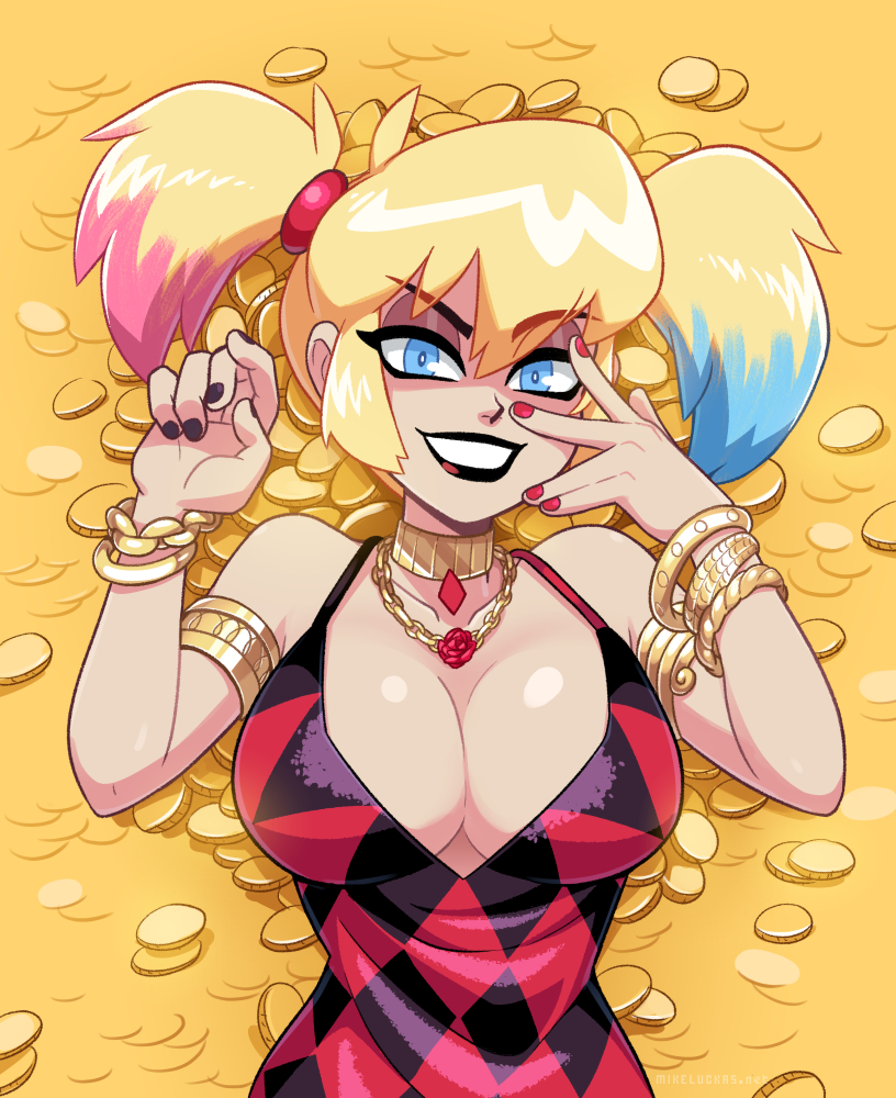 1girls 2d_(artwork) batman_(series) big_breasts cleavage clothing coin datskelebutt dc dc_comics dress female female_only gold_coins harley_quinn jewelry money multicolored_hair solo suicide_squad tagme twintails villain