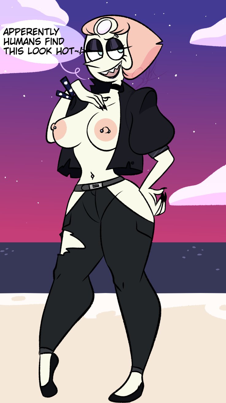 1girls, areolae, beach, big breasts, breasts, cartoon network, english text, exposed breasts, female, female focus, female only, flats, gem (species), humanoid, light skin, light-skinned female, mostly clothed, nipple piercing, nipples, no bra, pearl (steven universe), piercing, pixelzsinful, shoes, speech bubble, steven universe, text