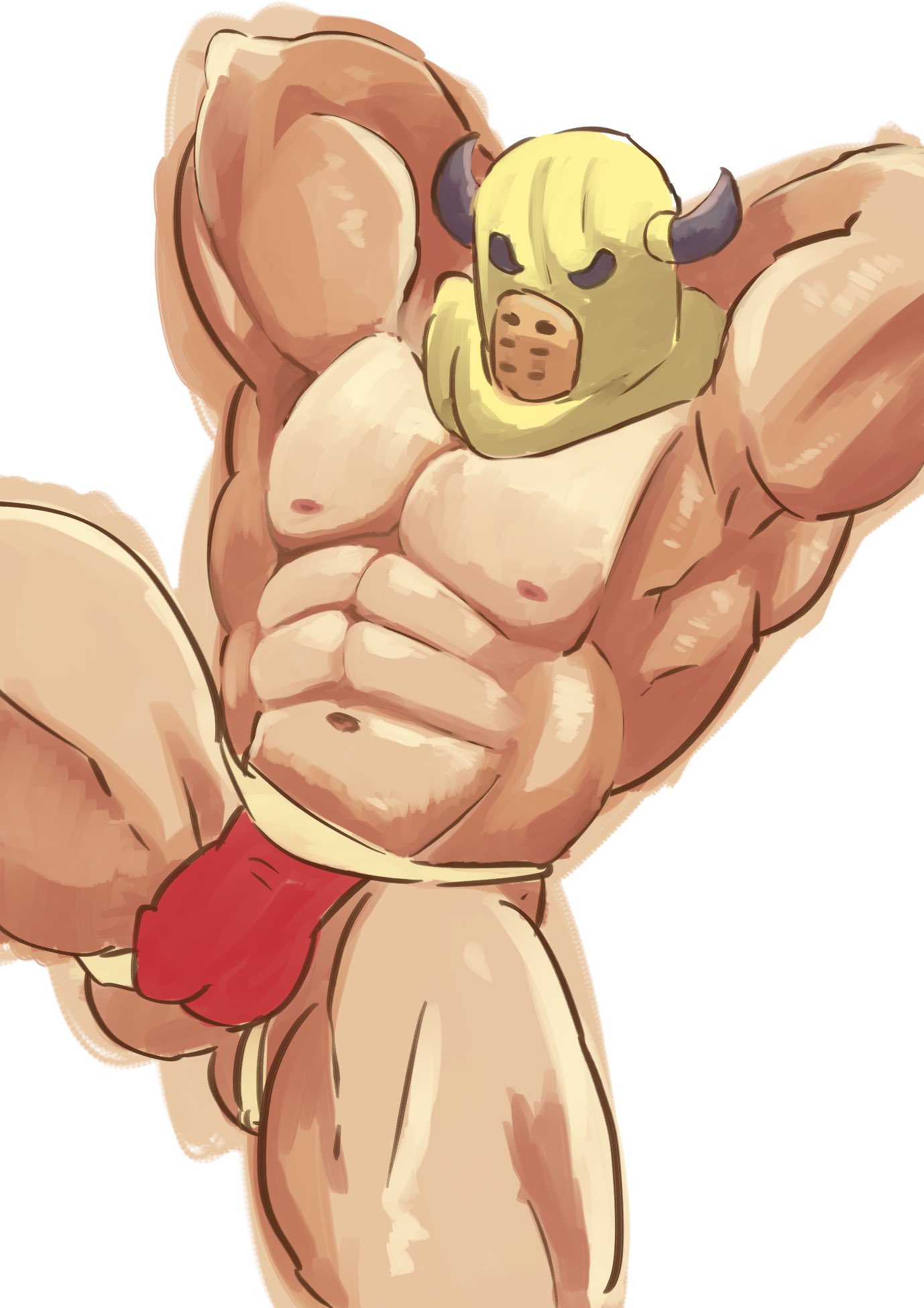 balls bara bracelet bulge dragon_quest horns jockstrap male male_only mask masked muscles muscular penis seitora solo solo_male spread_legs thug_(dragon_quest) underwear