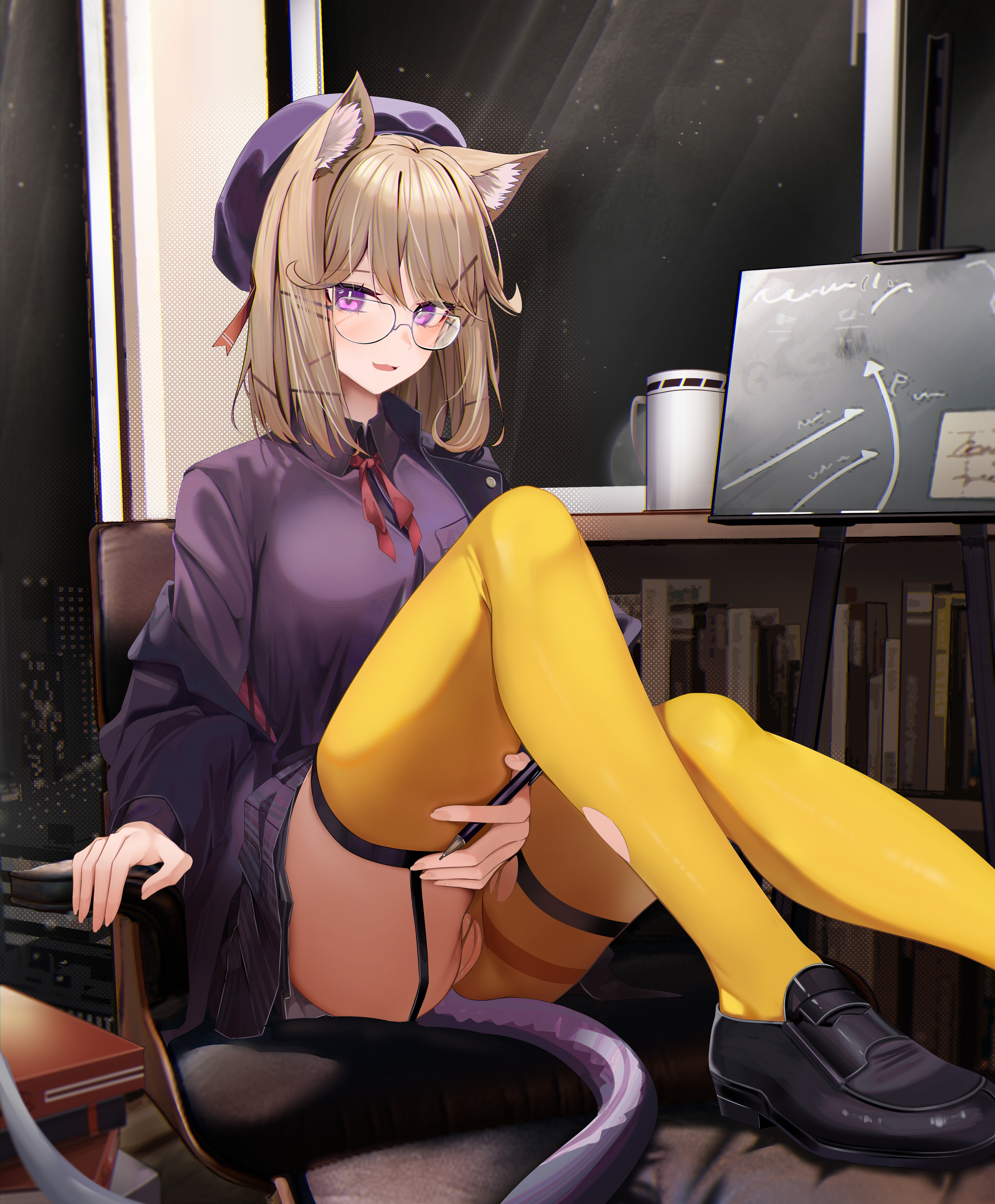 :3, 1girls, animal ears, arknights, arms, blonde hair, blush, calves, casual, clothed, exposed pussy, eyelashes, female, female only, fully clothed, garter belt, glasses, hands, hat, highres, indoors, knees, legs, legwear, light skin, light-skinned female, looking at viewer, medium hair, megane, nails, no panties, on chair, pen, presenting, presenting pussy, purple eyes, pussy, ru zhai, seductive, shirt, shoes, sitting, sitting on chair, smile, smug, solo, stockings, tail, thighs, torn clothes, torn clothing, torn legwear, torn pantyhose, uniform, utage (arknights), utage (disguise) (arknights), vagina, wavy mouth, yellow legwear, yellow stockings