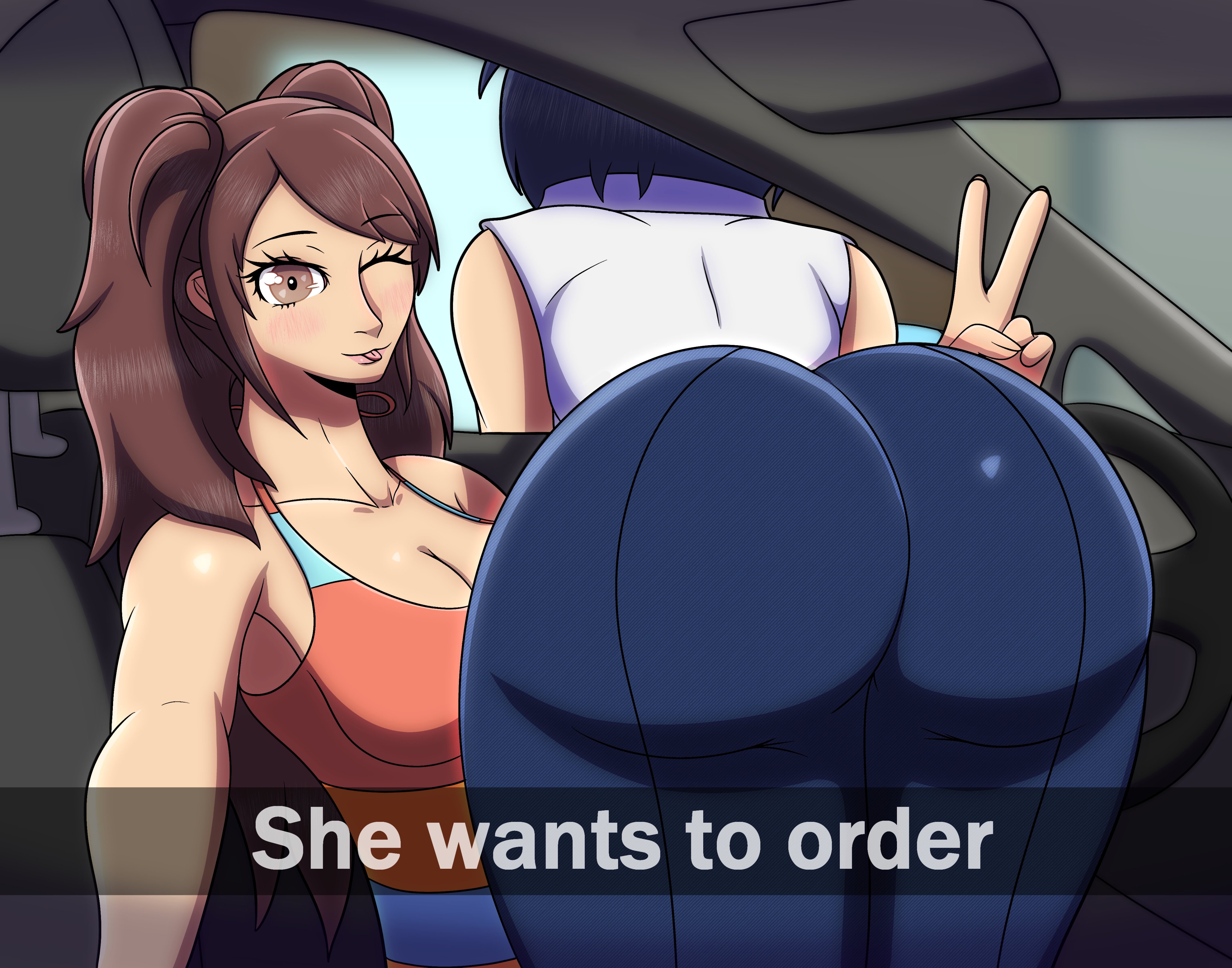 2girls, ass, ass focus, atlus, big ass, blue hair, bubble ass, bubble butt, car, female, female only, he wants to order, huge ass, justdrawingjake, kujikawa rise, meme, one eye closed, peace sign, persona, persona 4, she wants to order, shirogane naoto, tagme